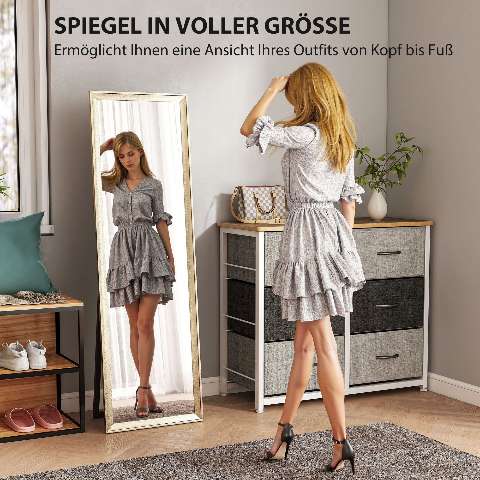 Ganzkörperspiegel, flexibel platzierbar, 160 x 50 cm, Goldton