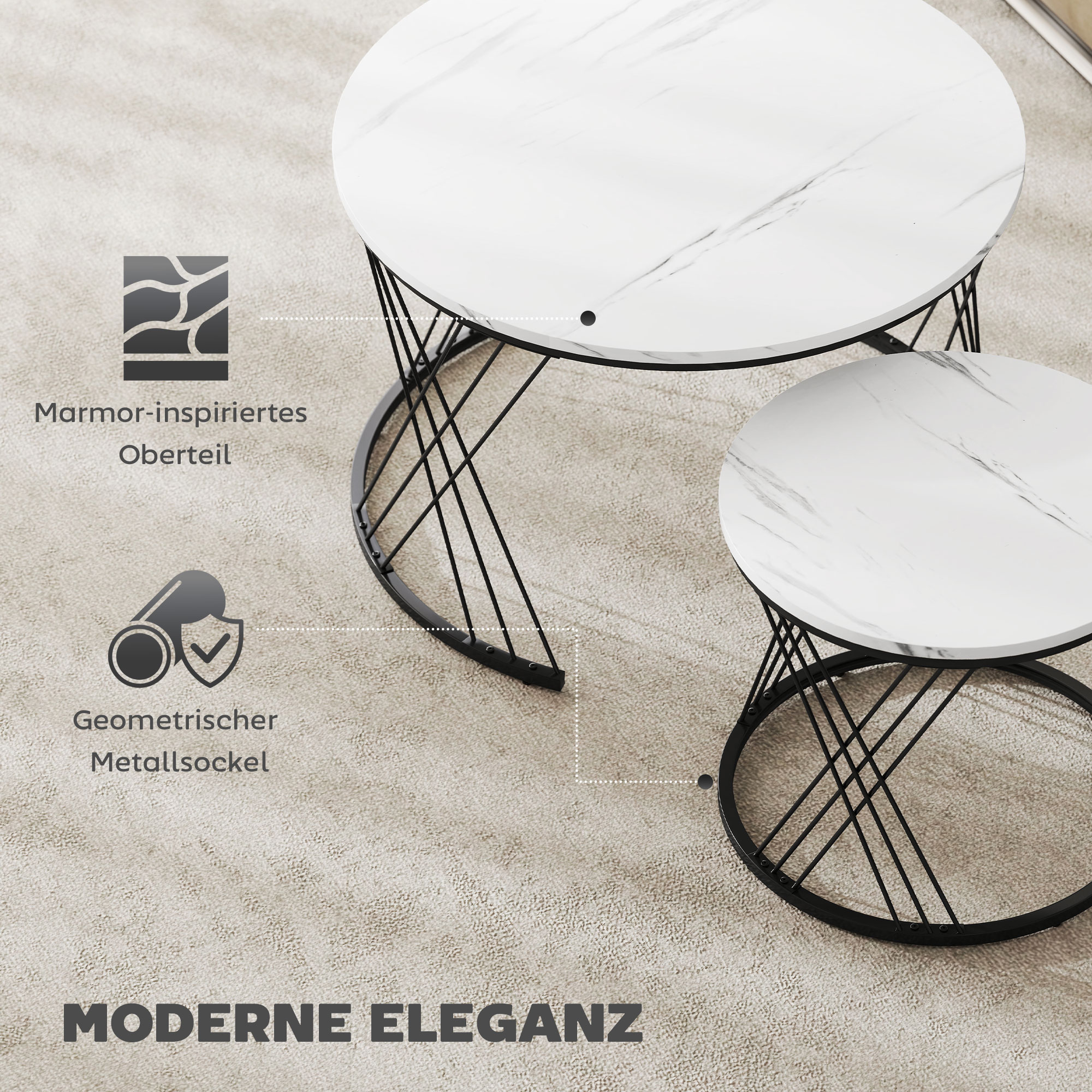 Couchtische im 2er-Set, Marmoroptik, Spanplatte, Metall, runde Kaffeetische für Wohnzimmer, ineinanderstellbar, Weiß
