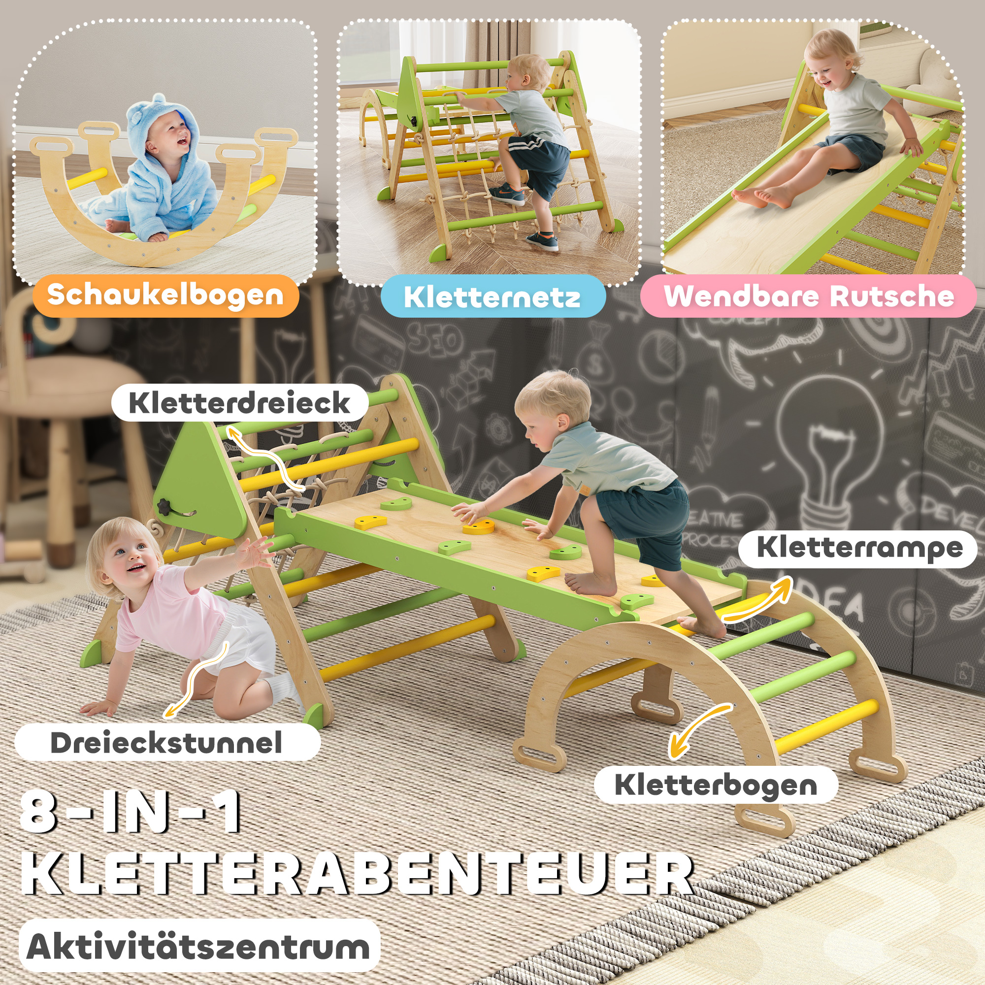 8-in-1 Montessori Klettergerüst Indoor Holz Kletterdreieck mit Kletterbogen, doppelseitiger Rutsche, Grün