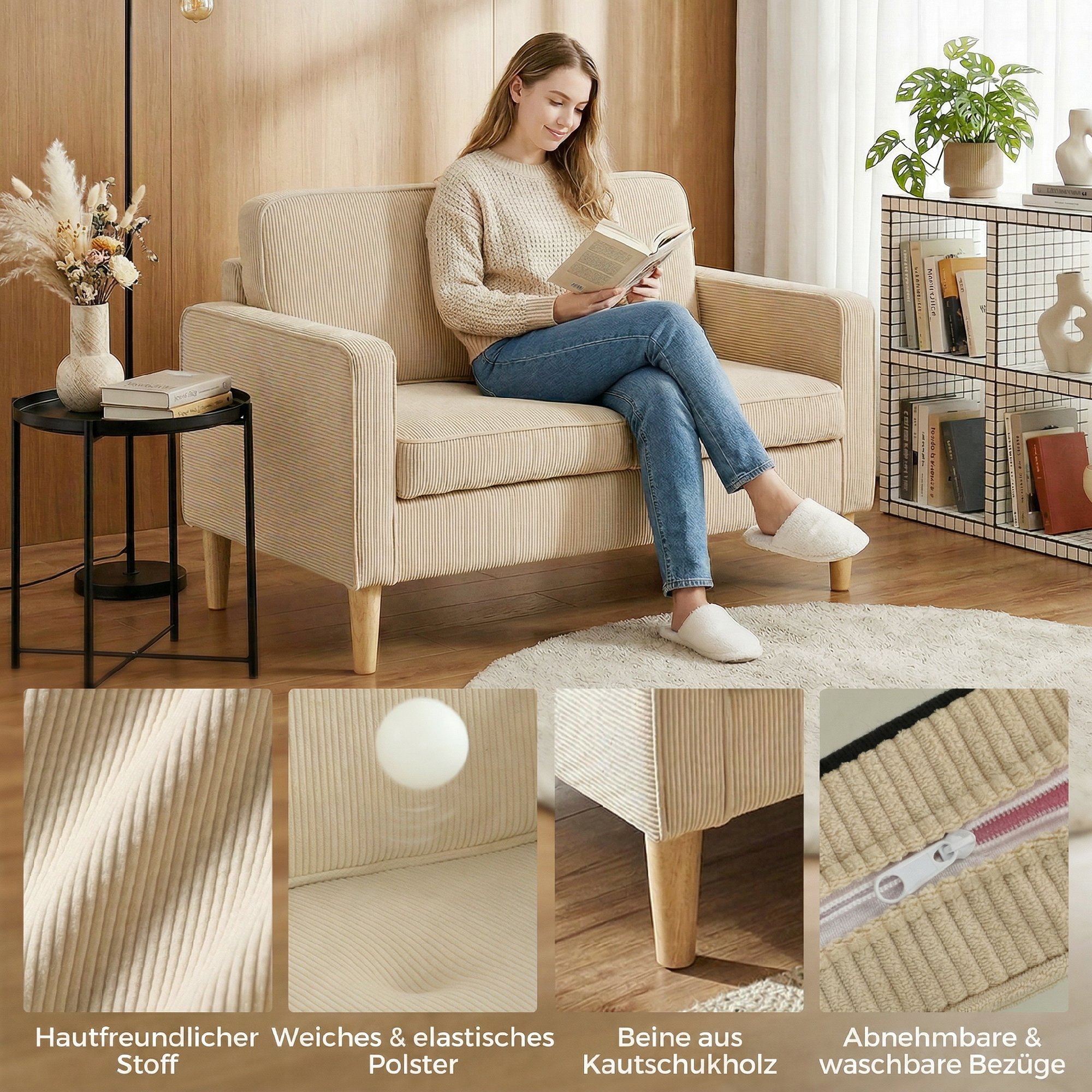Sofa 2 Sitzer Couch mit 2 Wurfkissen, Stauraum Massivholzfüßen 117 x 63 x 79 cm Beige