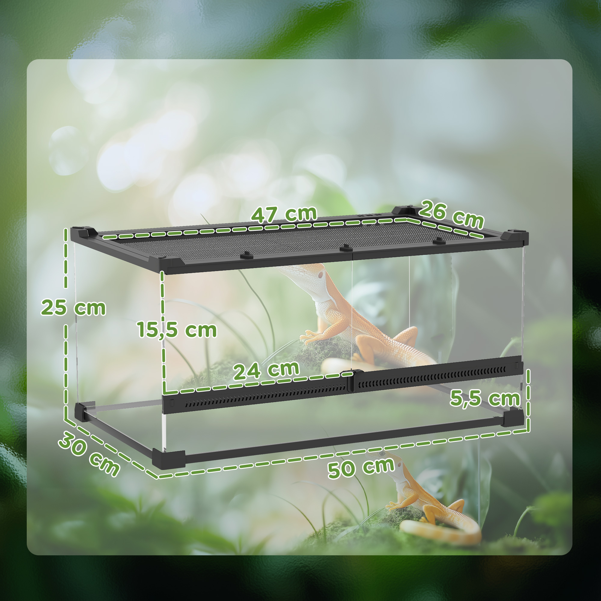 Glas-Terrarium für Reptilien, erhöhter & wasserdichter Boden, Knopfschloss