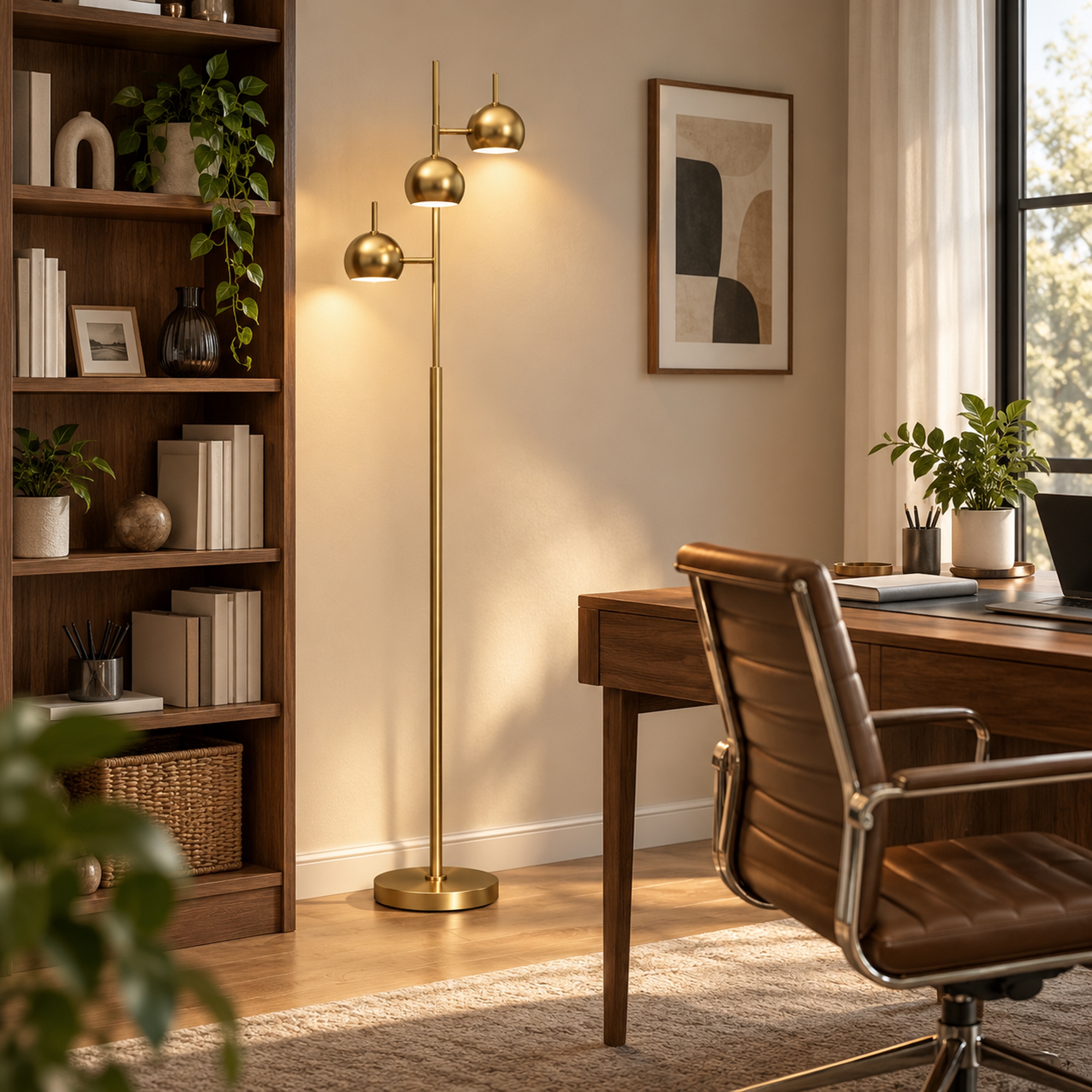 Stehlampe 350° verstellbar für Wohnzimmer und Büro Stehleuchte mit 3 Schirmen aus Stahl Gold