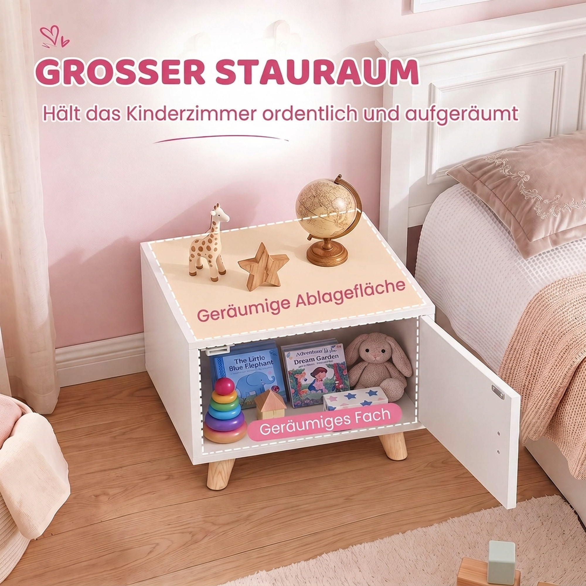 Kinder-Nachttisch aus Holz mit Staufach, Beistelltisch für Schlaf- und Wohnzimmer, Weiß
