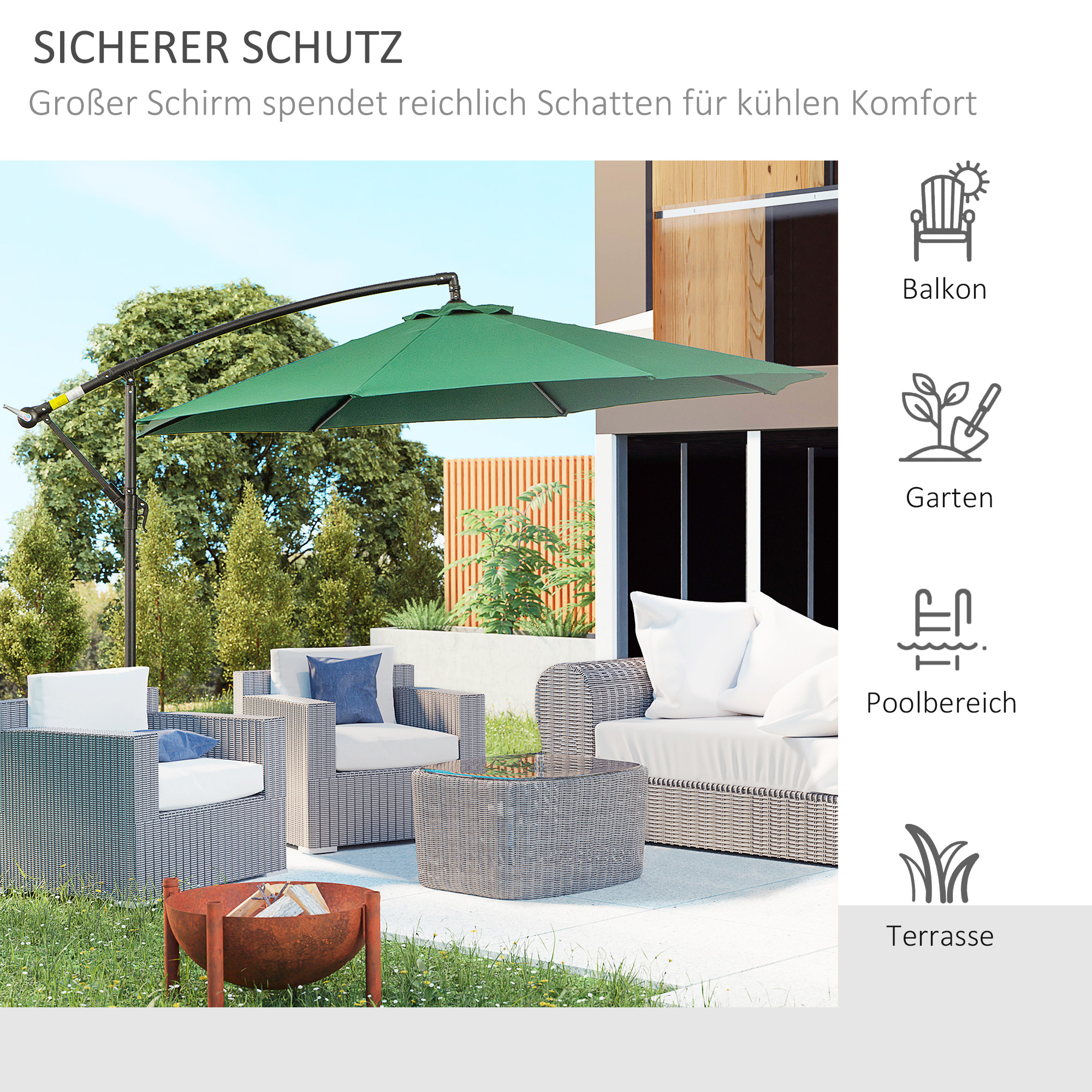 Sonnenschirm mit Handkurbel Wetterbeständig 3 m x 3 m x 2,5 m XXL Grün