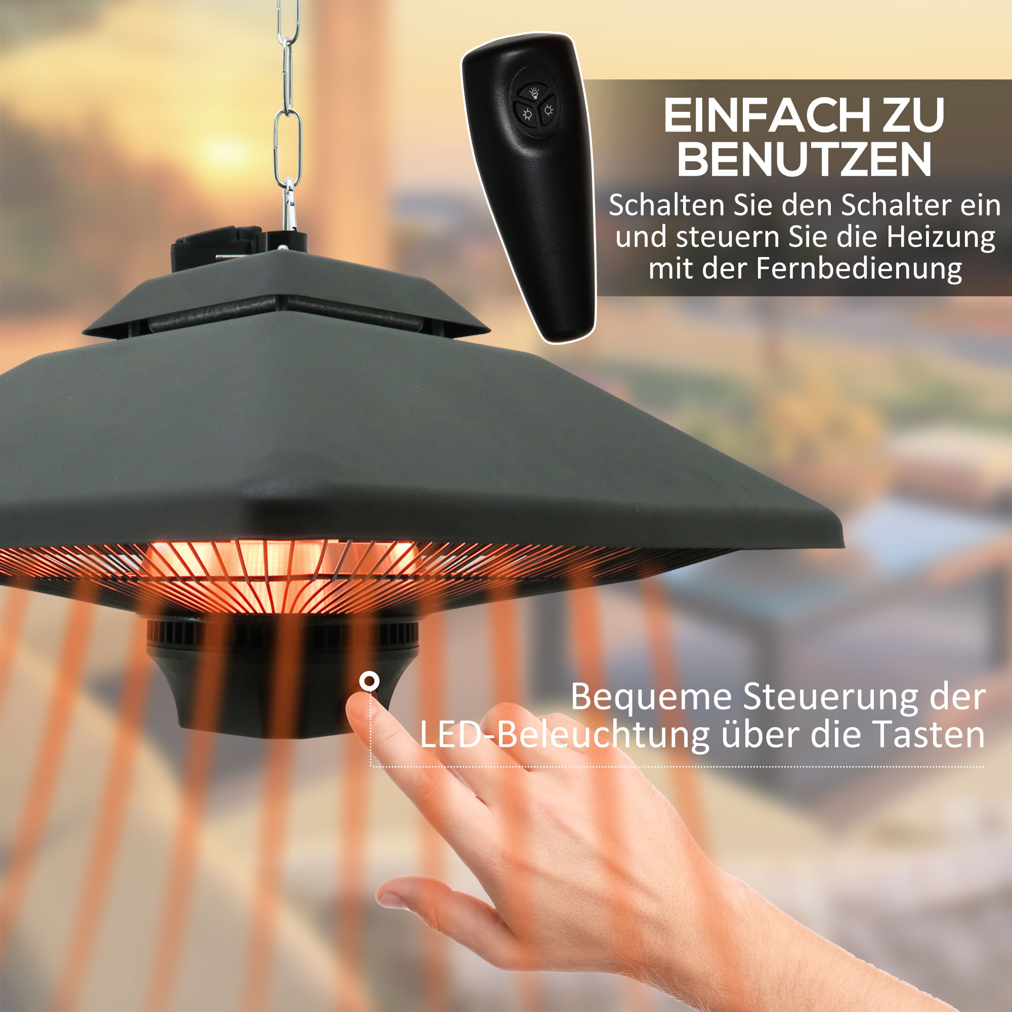 Infrarotstrahler 2000 Watt Heizstrahler mit Fernbedienung 2 Heizstufen Schutzhülle LED-Anzeige elektrisch Wärmestrahler Quarzstrahler Terrassenheizer Infrarotheizung Schwarz