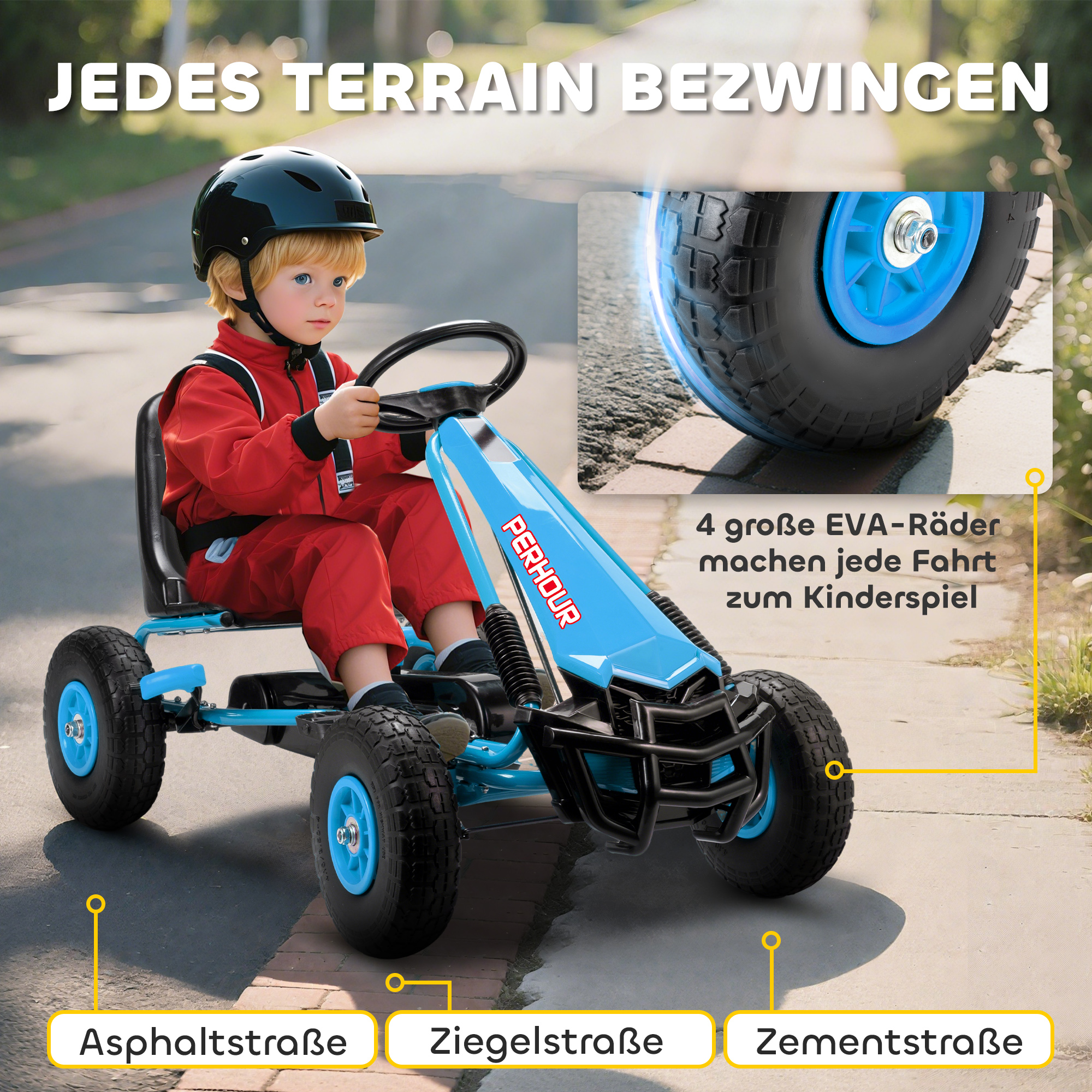 Pedal-Gokart für Kinder, höhenverstellbarer Sitz, EVA-Räder, Bremse, Kupplung, 3-8 Jahre, Blau