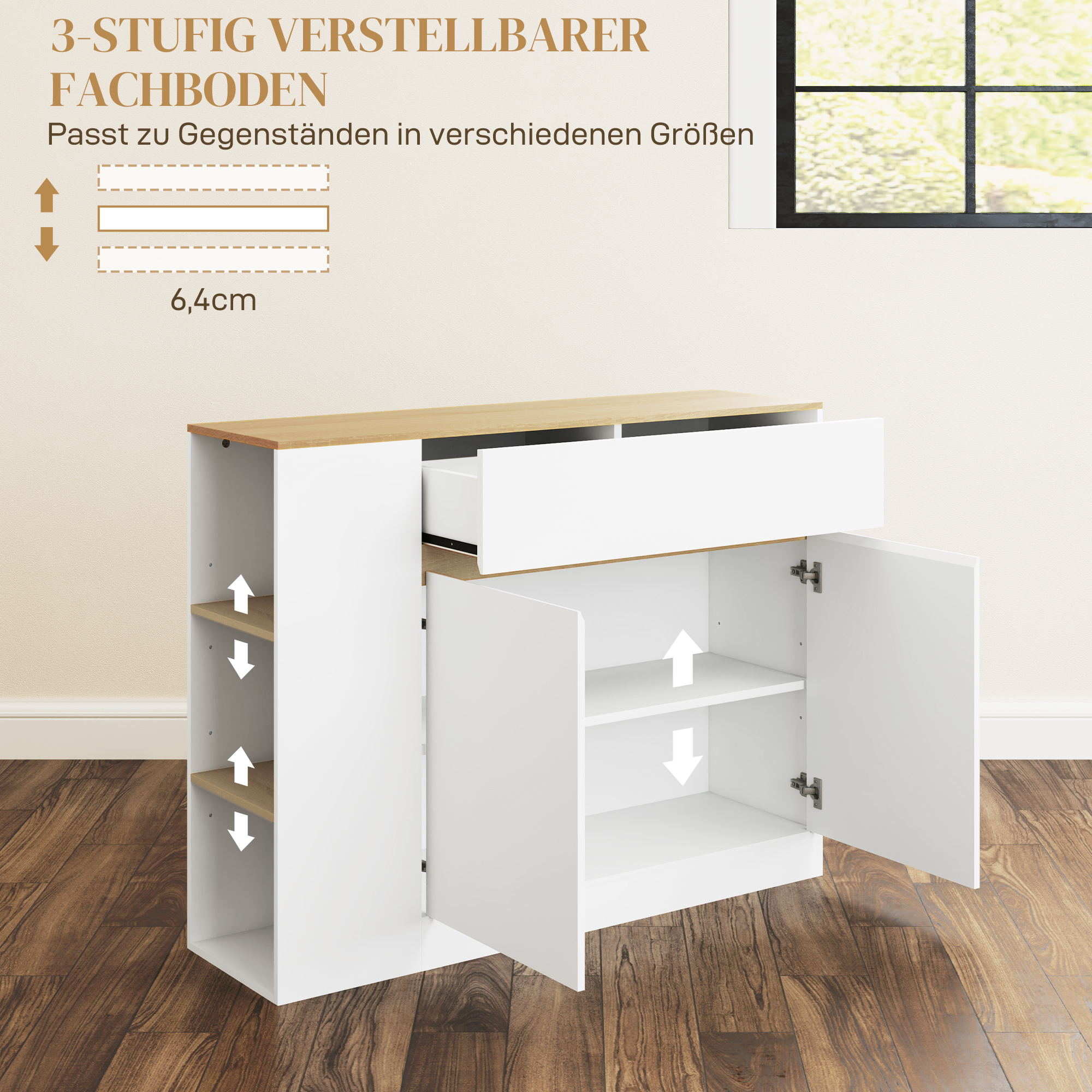 Sideboard, großes Schrankfach, 3 Ablagefächer, Schublade, 106 x 30 x 81,2cm, Weiß/Holz