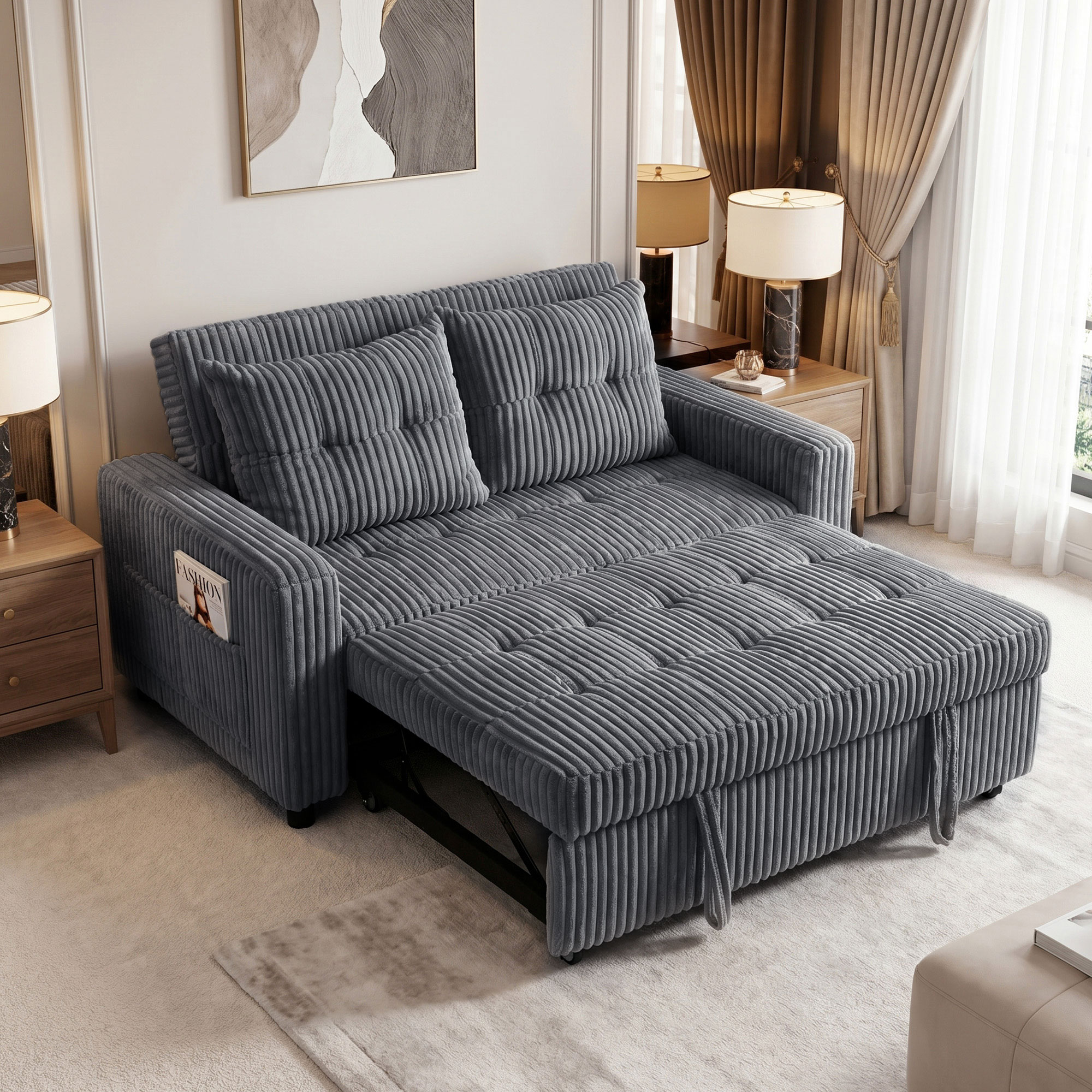 2-Sitzer Sofabett, Cordbezug, zum Schlafsofa umwandelbar, 2 Kissen, Seitentaschen, 157 x 190 cm, Dunkelgrau