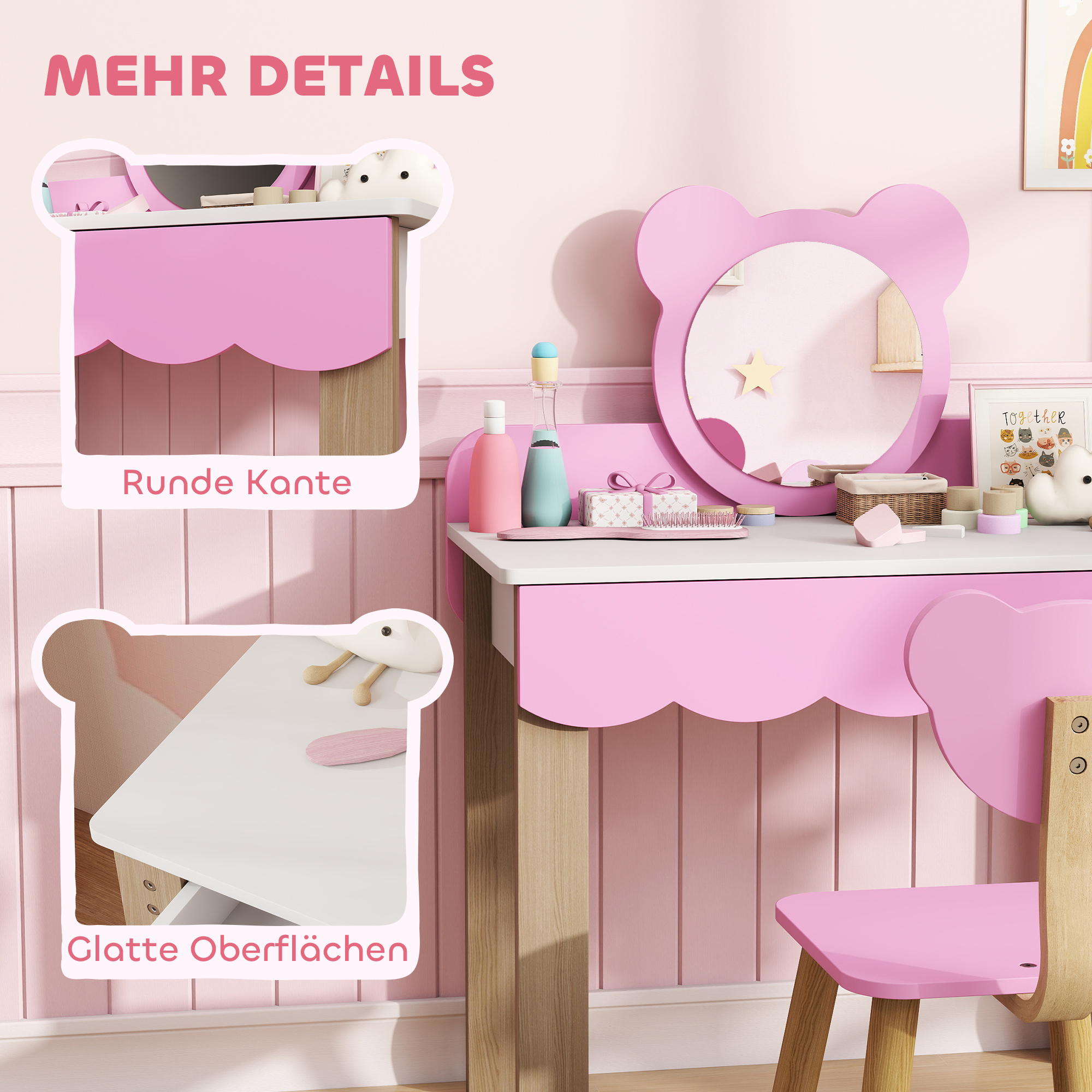Frisiertisch-Set mit Hocker für Kinder, Schminkspiegel, Bärchenform, Schublade, MDF, Rosa