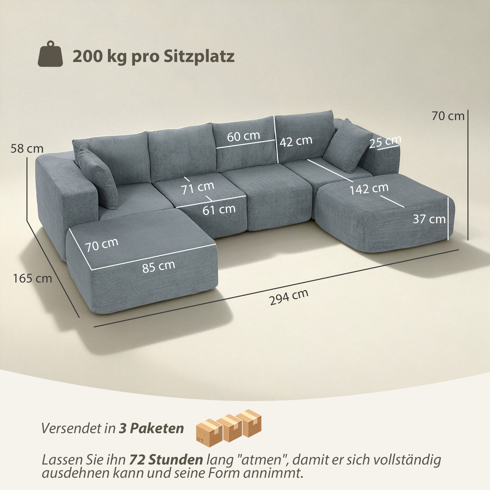 Modulares Ecksofa, U-Form Sofa mit breitem und tiefem Sitz, 2 Hocker, dunkelgrau
