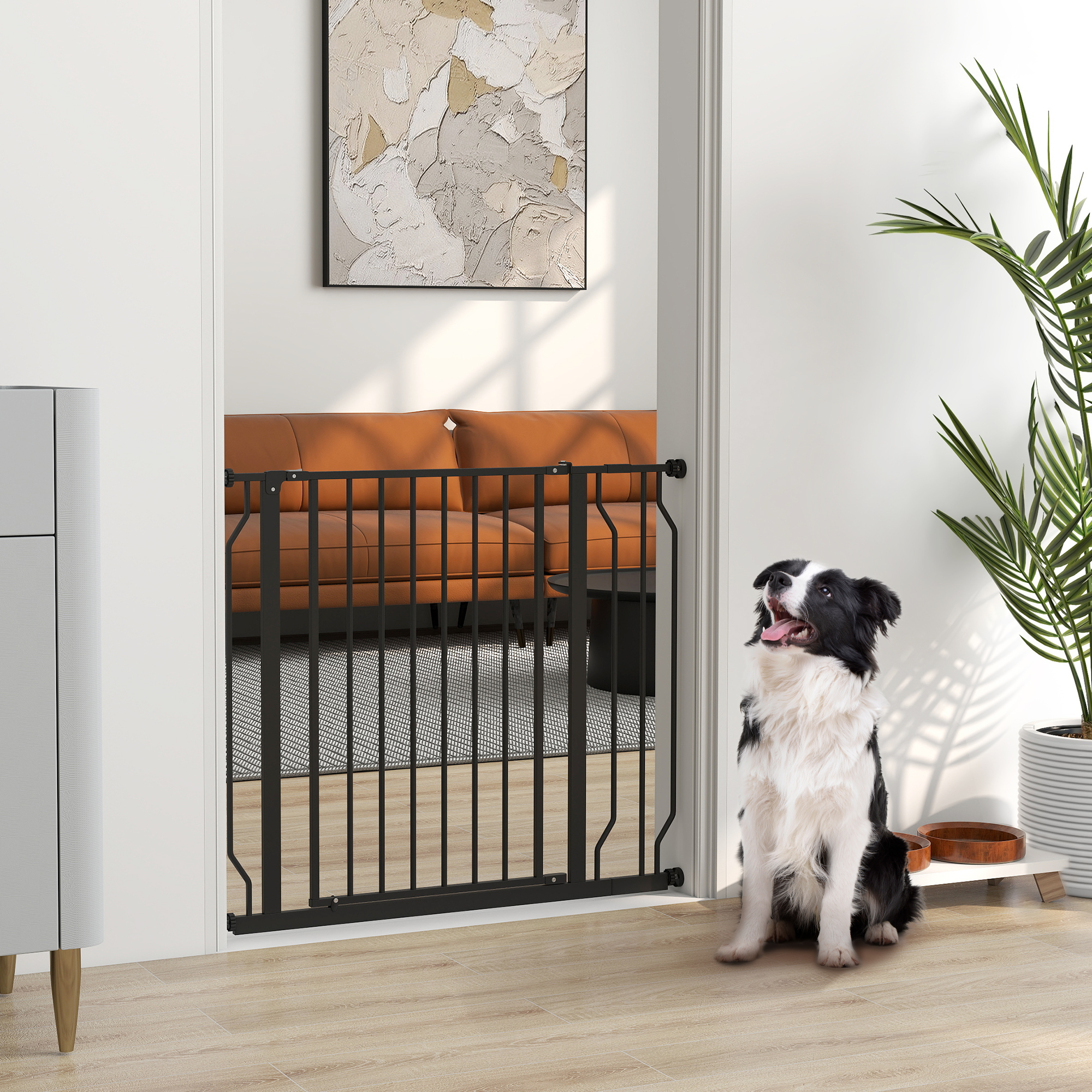 Hunde-Absperrgitter, Klemmmontage, verstellbare Länge, Stahl/ABS, 75-95 x 76cm, Schwarz