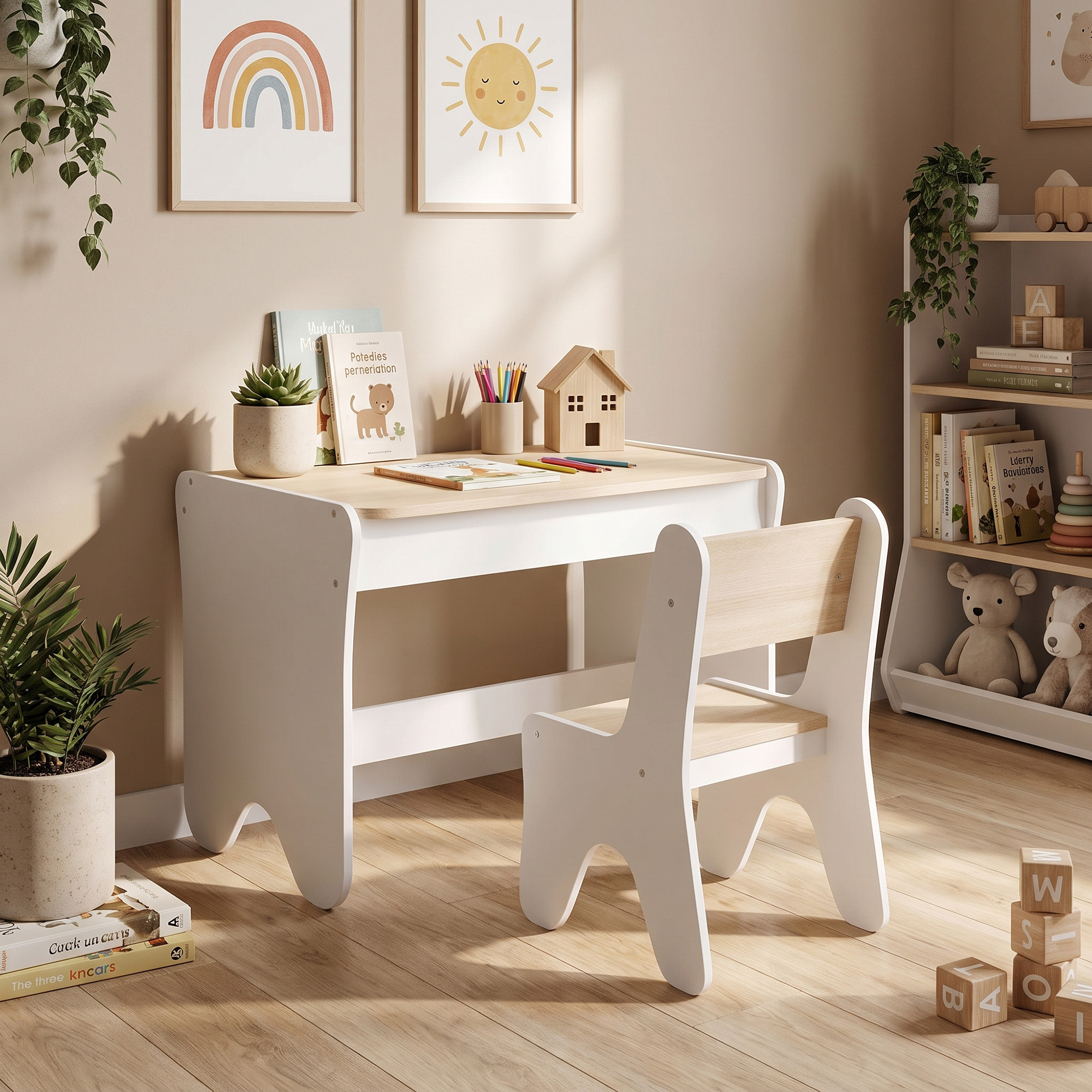 Kindertisch mit Stuhl 2 teilige Kindersitzgruppe mit Schublade Abgerundete Kanten, Platzsparend für Kinder 3-8