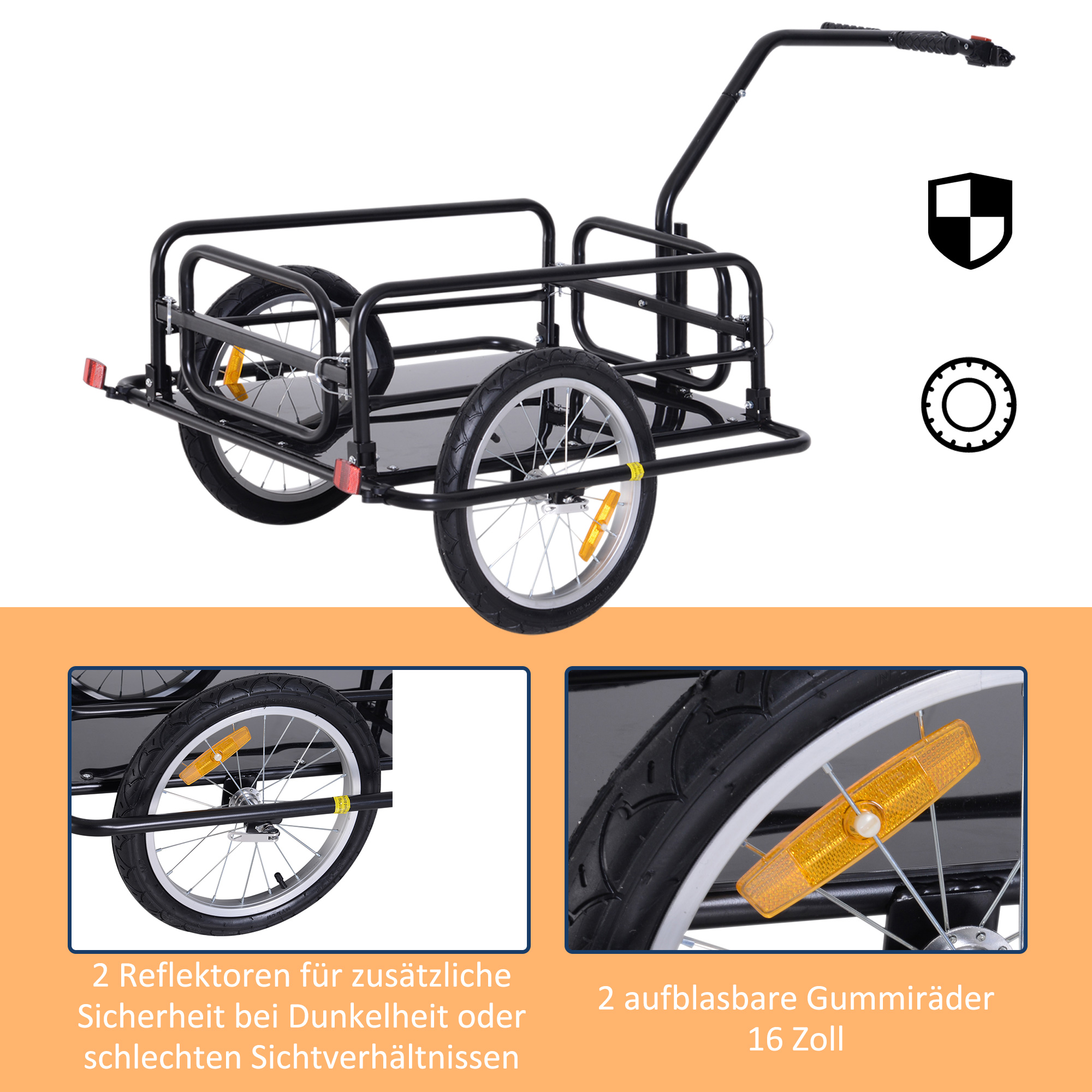 Fahrradanhänger, klappbar, Lastenanhänger mit Kupplung, Kuppler & Reflektoren Transportwagen bis 40 kg belastbar, Transportanhänger Anhänger für Camping, Einkaufen, Umzug 155 x 71,5 x 77 cm