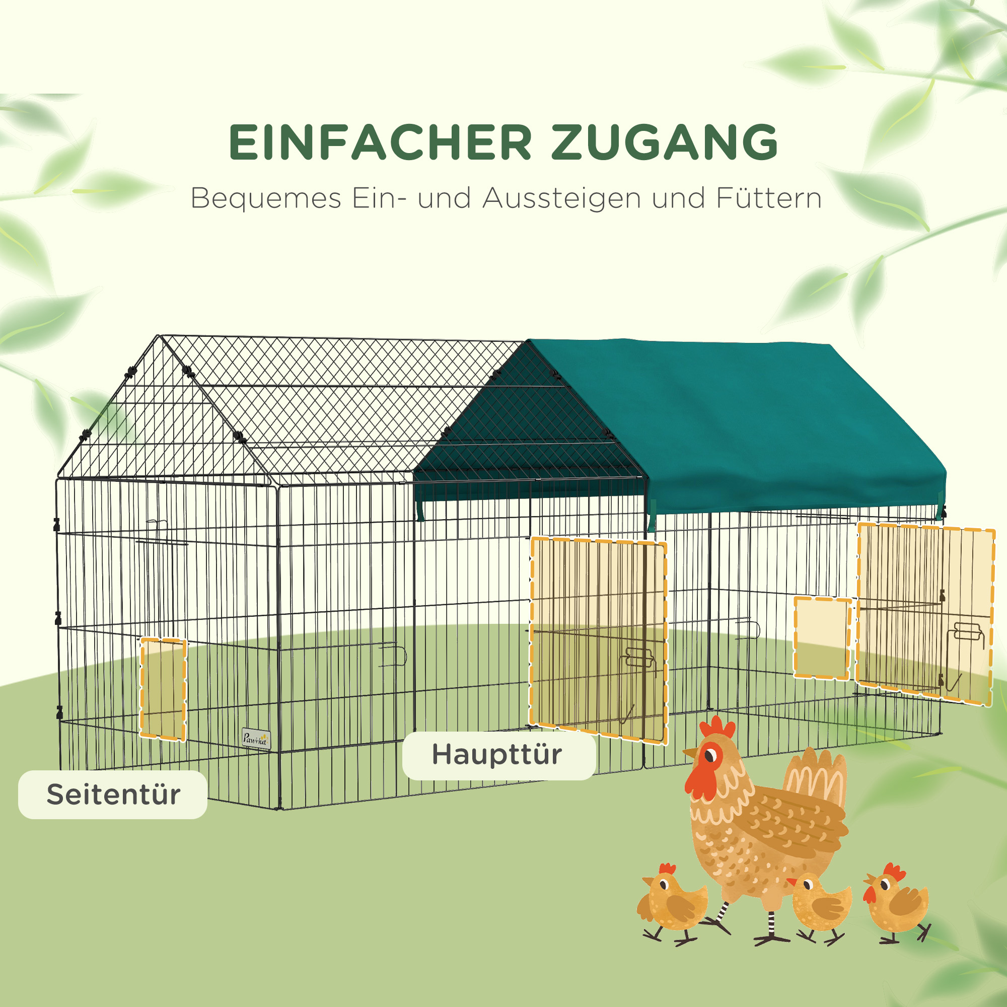 Kleintiergehege mit Dach, 4 Türen, wetterfest, Stahl/Polyester, 220x85x103cm, Grün/Schwarz