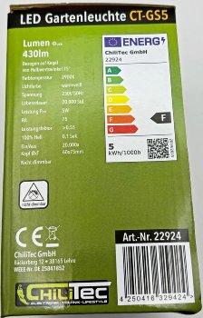 LED Gartenleuchte "CT-GS5" 5W, IP44, 230V, 1,5m Kabel+Erdspieß, warmweiß
