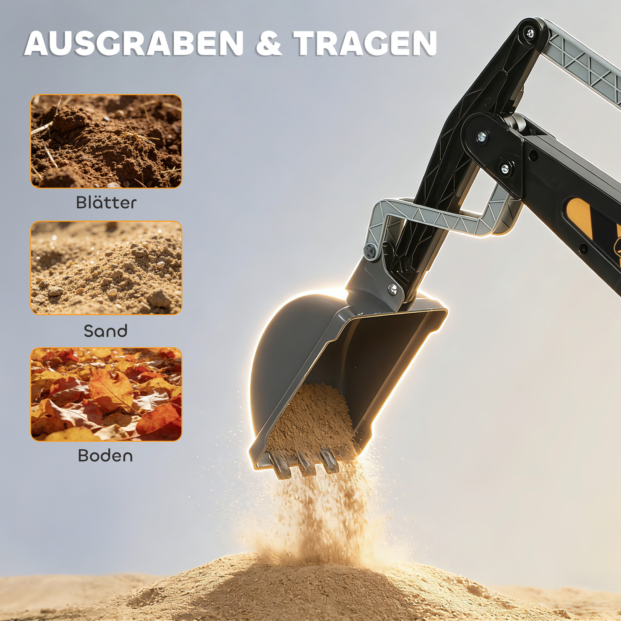 Sitzbagger Aufsitzbagger mit Schaufel Lenkrad drehbar Aufbau verstellbar Rückenlehne für Kinder 1,5-3 Jahre Gelb