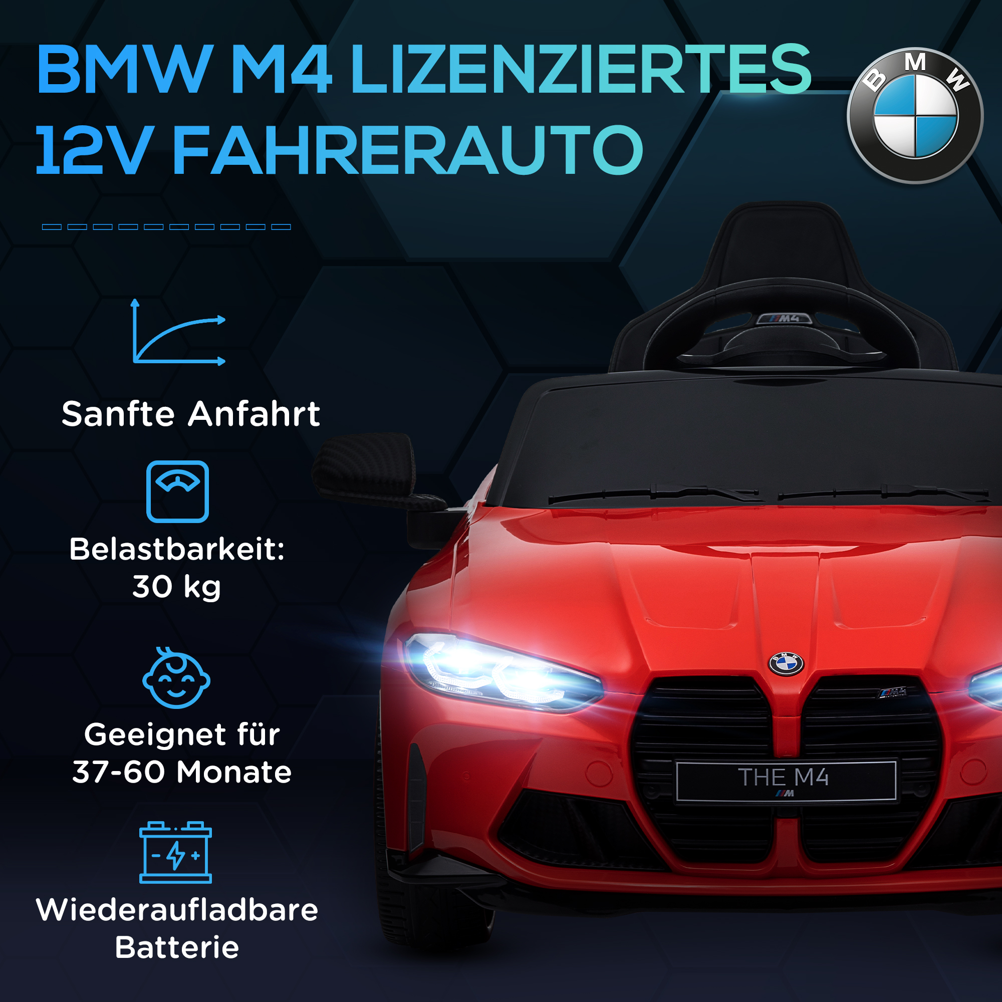 Elektro-Kinderauto BMW M4, Sound & Licht, 3-5 km/h, inkl. Fernsteuerung, für 3-5 Jahre, Rot