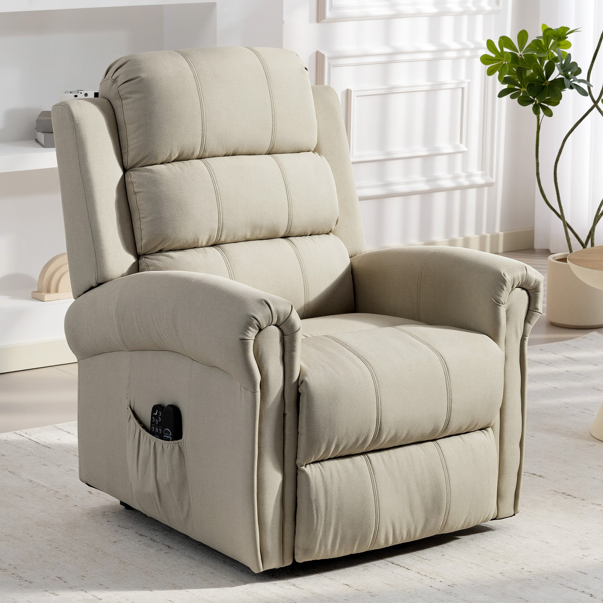 Massagesessel mit Aufstehhilfe, Relaxsessel, Vibrationsköpfe, mit Neigefunktion, Leinenoptik, Beige