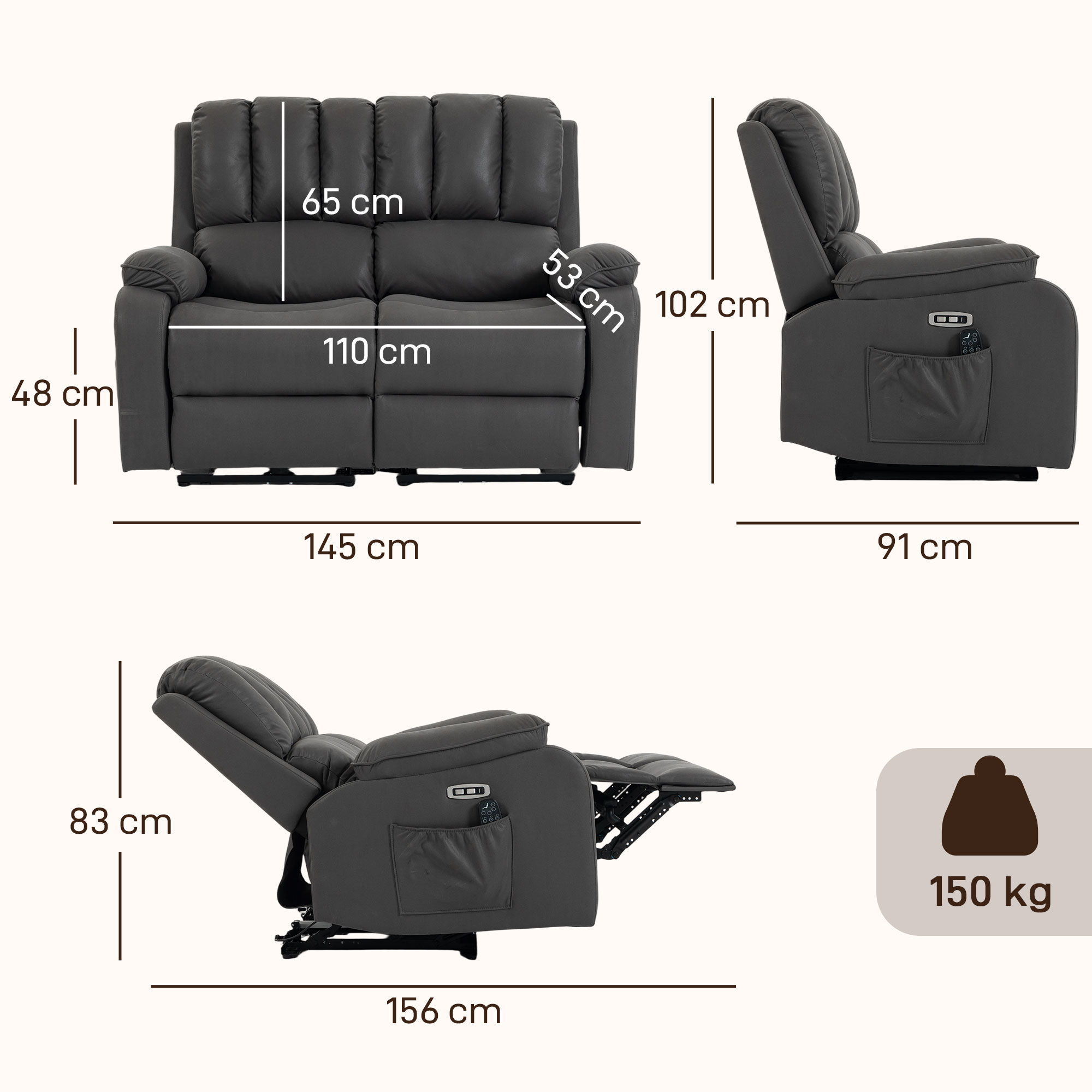 2-Sitzer elektrisches Relaxsofa aus Leathaire mit Massage- und Heizfunktion, 2 Fernbedienungen, USB-/USB-C-Anschlüssen