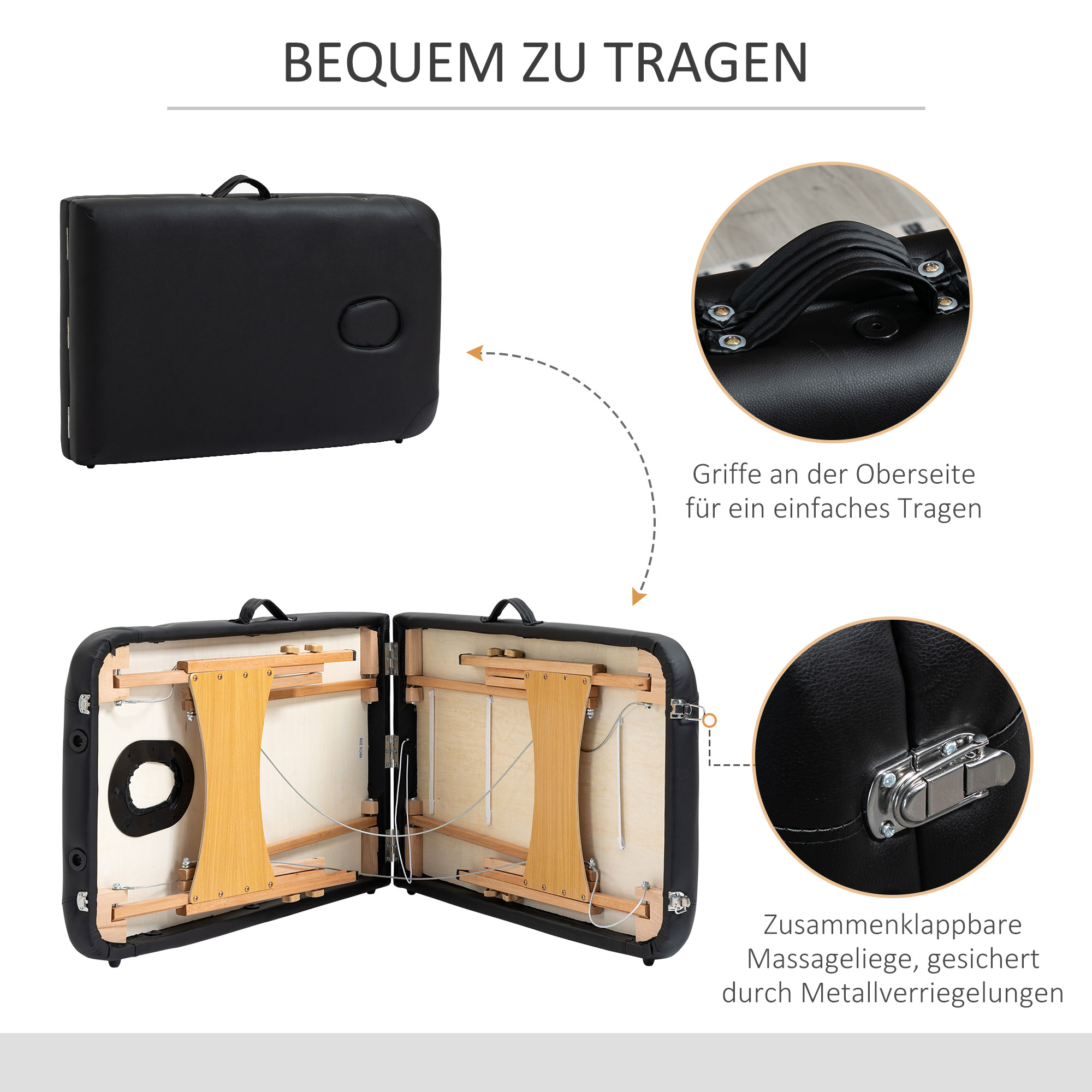 Massagetisch, klappbare Massageliege, höhenverstellbare Massagebank für Spa, Salon, Kunstleder, Holz, Schwarz