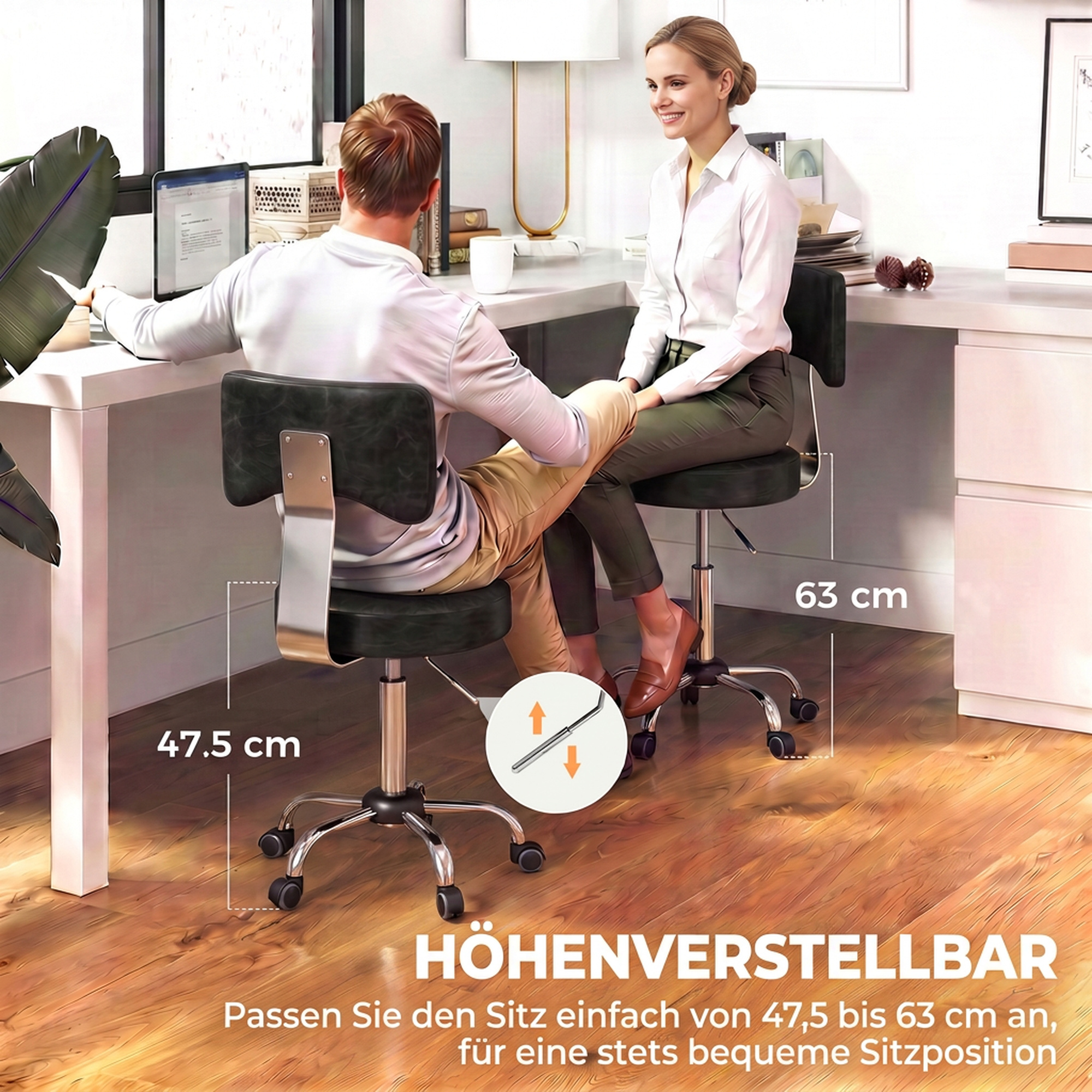 Rollhocker, höhenverstellbarer Salonstuhl aus PU-Leder mit Polstersitz, Rückenlehne und Rollen, Schwarz