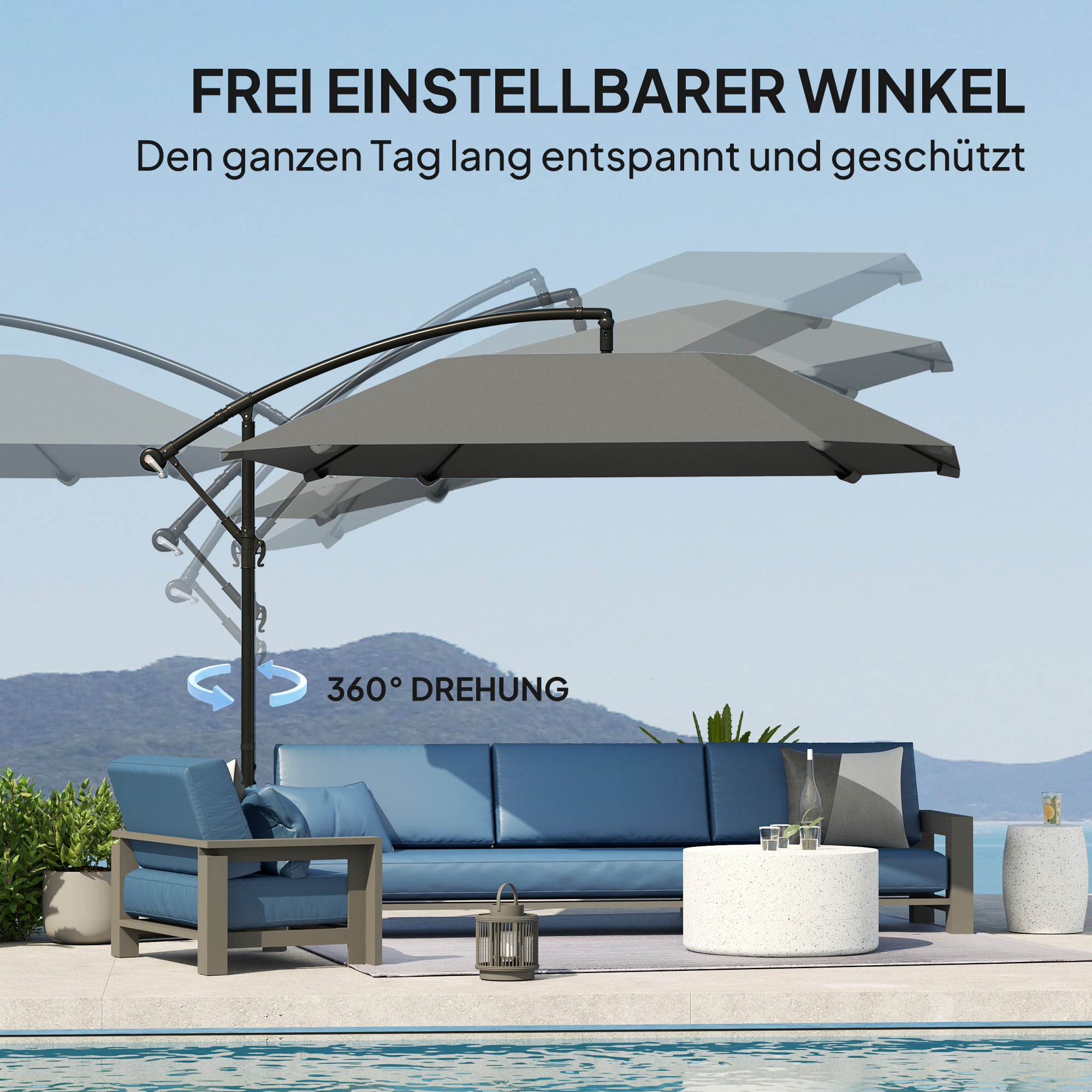 Ampelschirm Alu Ø 260 cm Sonnenschirm, wasserdicht Kurbelschirm mit Ständer, Kurbel, Dunkelgrau