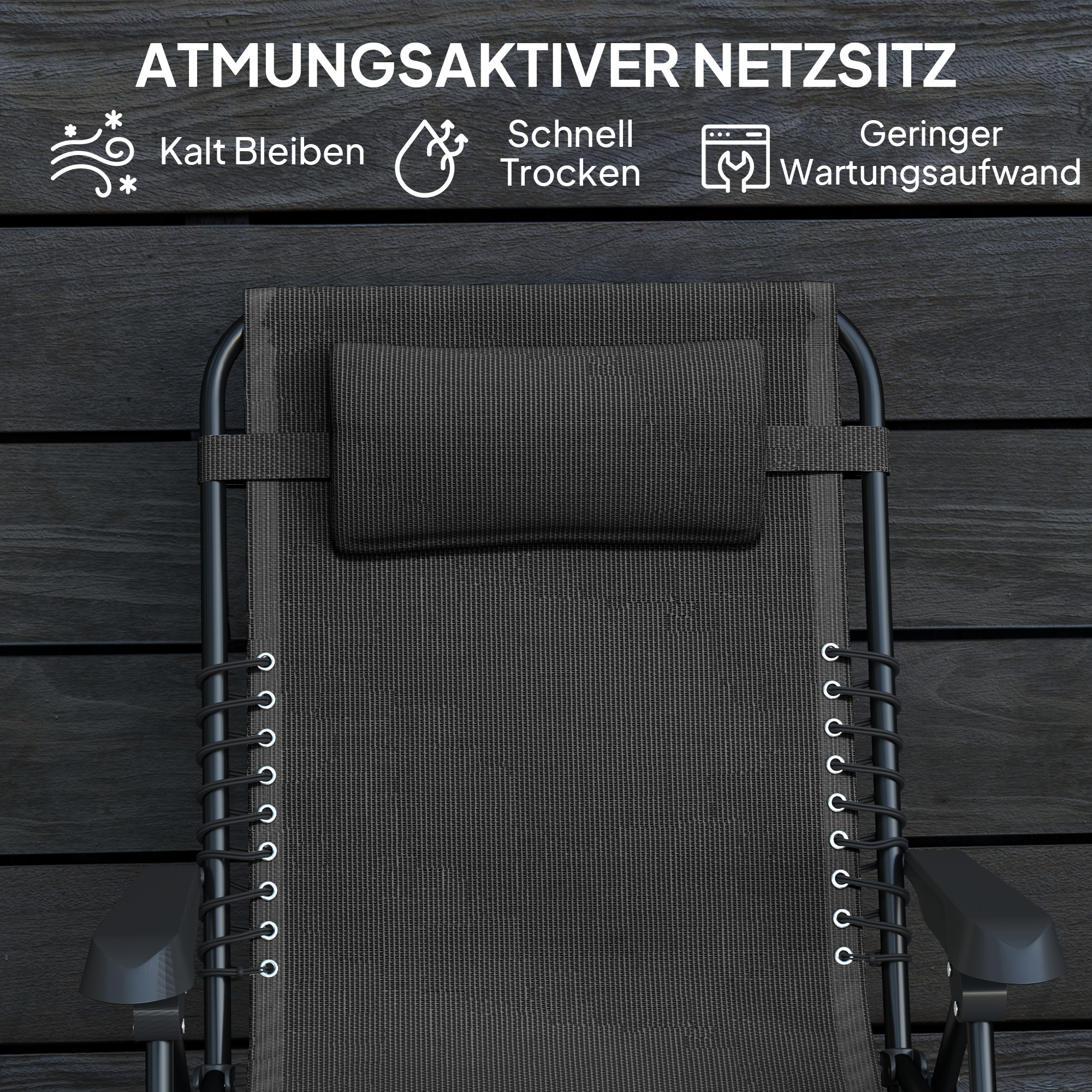 Sonnenliege klappbar Gartenliege mit Kopfkissen, 5-Fach verstellbare Rückenlehne bis 120 kg belastbar Schwarz