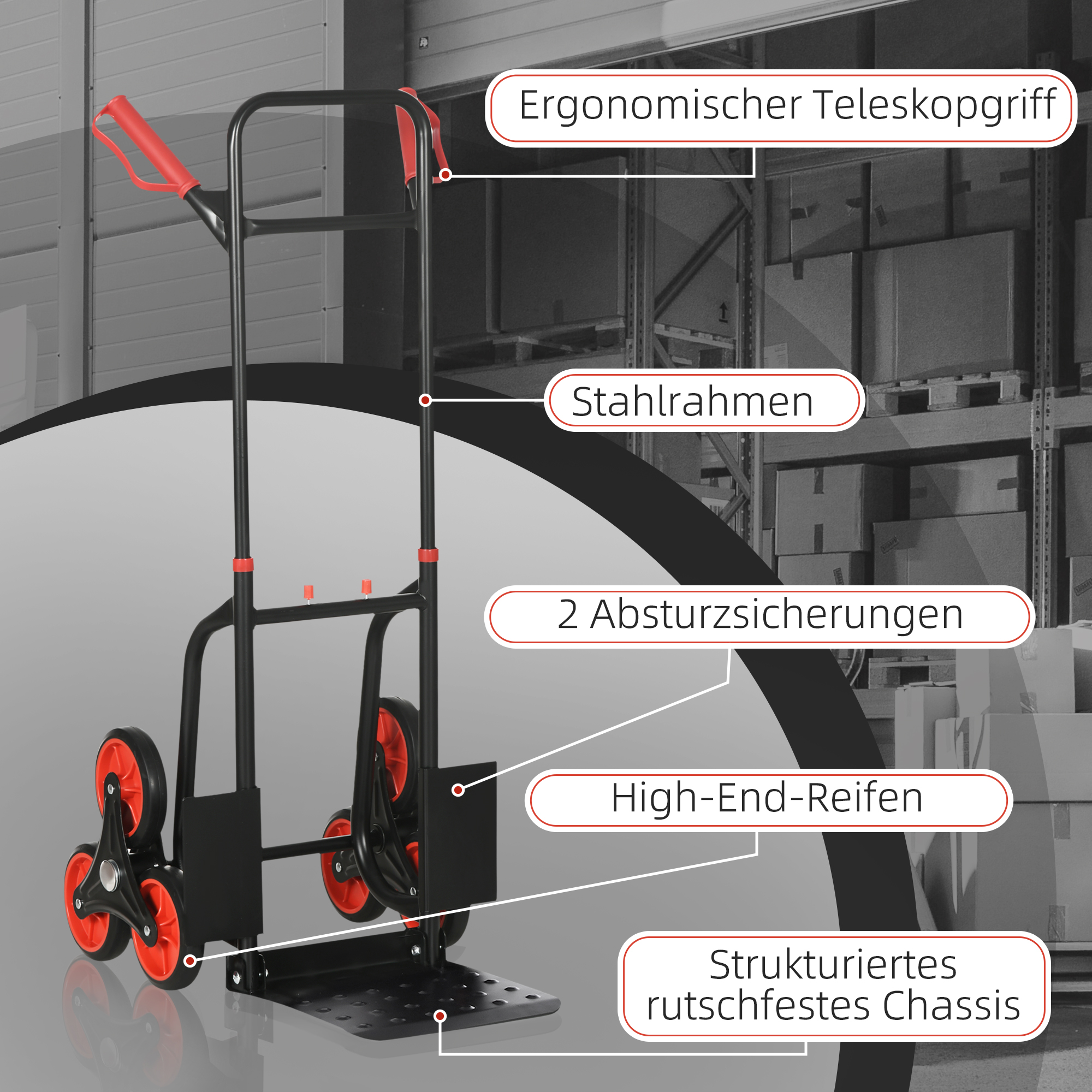 Treppensteiger 120 kg Sackkarre Transportkarre Griff höhenverstellbar Klappbar Stahl 45 x 60 x 109 cm