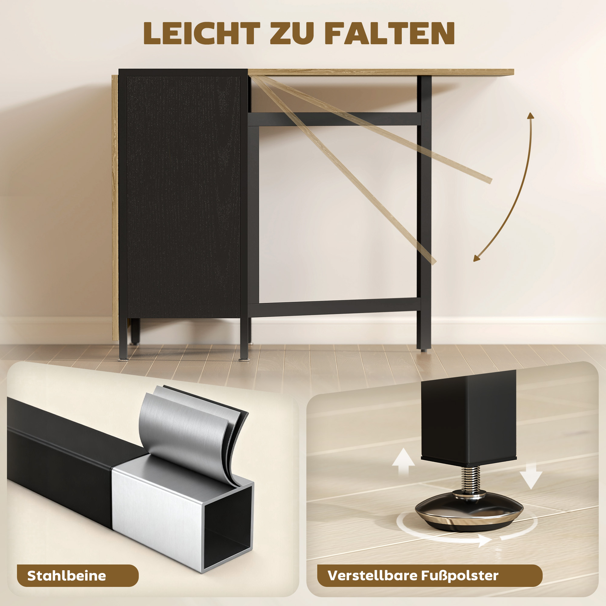 Klapptisch Esstisch Beistelltisch Eiche Metallrahmen Küche Wohnzimmer Dunkelholzfarbe+Schwarz