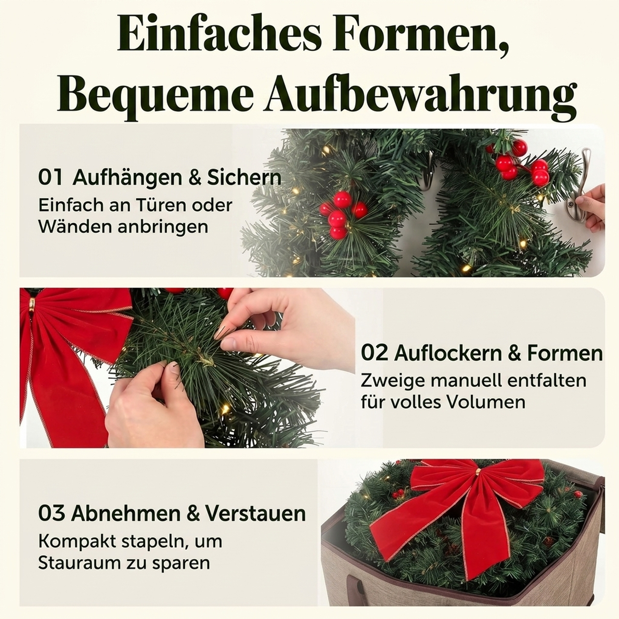 Weihnachtskranz 60 cm Türkranz mit Crestwood-Fichten Design, Schleife, 50 LEDs, 140 Zweigspitzen, 8 Leuchtmodi