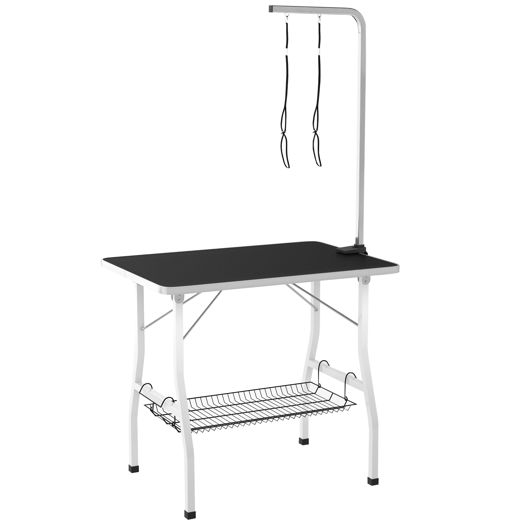 Hundepflegetisch, Frisiertisch mit einstellbarem Arm, Aufbewahrungsfach, Gummioberfläche, 90 x 60 x 76 cm, Schwarz Hundepflegetisch, Frisiertisch mit einstellbarem Arm, Aufbewahrungsfach, Gummioberfläche, 90 x 60 x 76 cm, Schwarz
