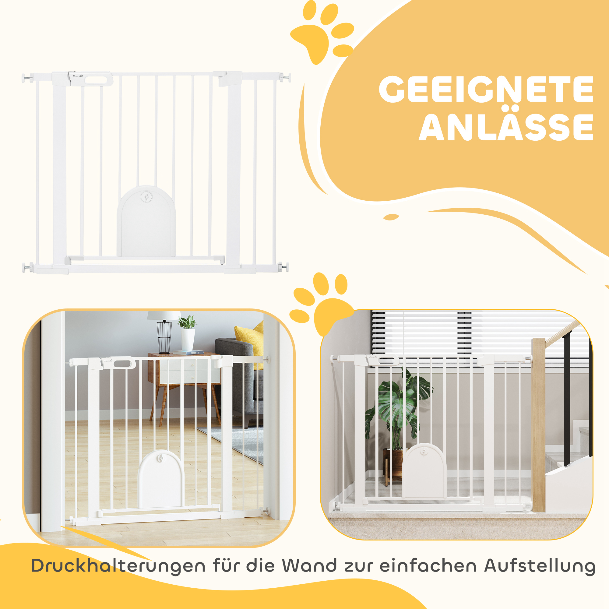 Absperrgitter für Haustiere, verstellbar, mit kleiner Tür, Stahl, Kunststoff, Weiß