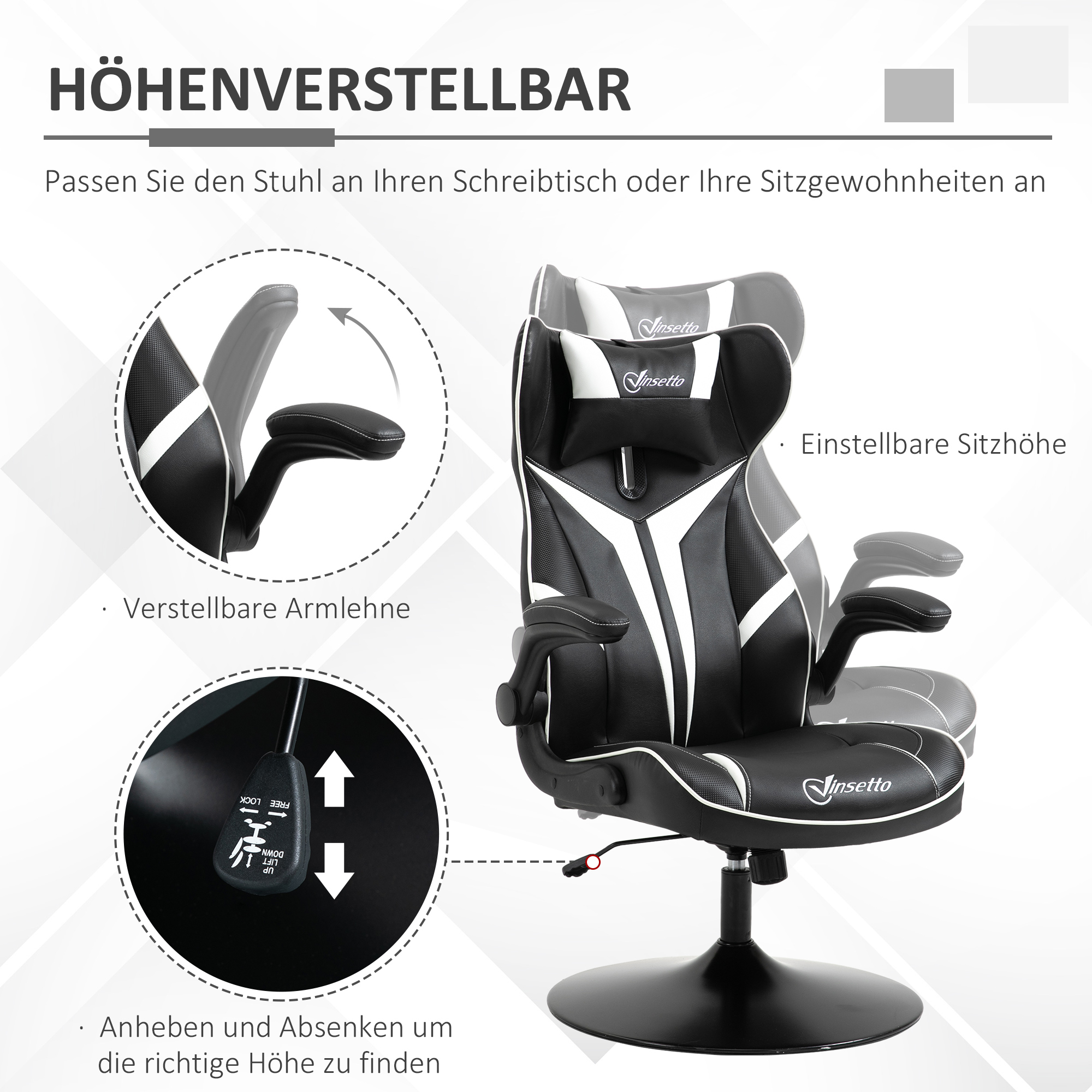 Gaming Stuhl ergonomischer Computerstuhl mit Wippfunktion Drehstuhl höhenverstellbar Stahl Schwarz+Weiß 67 x 70 x 106-112 cm
