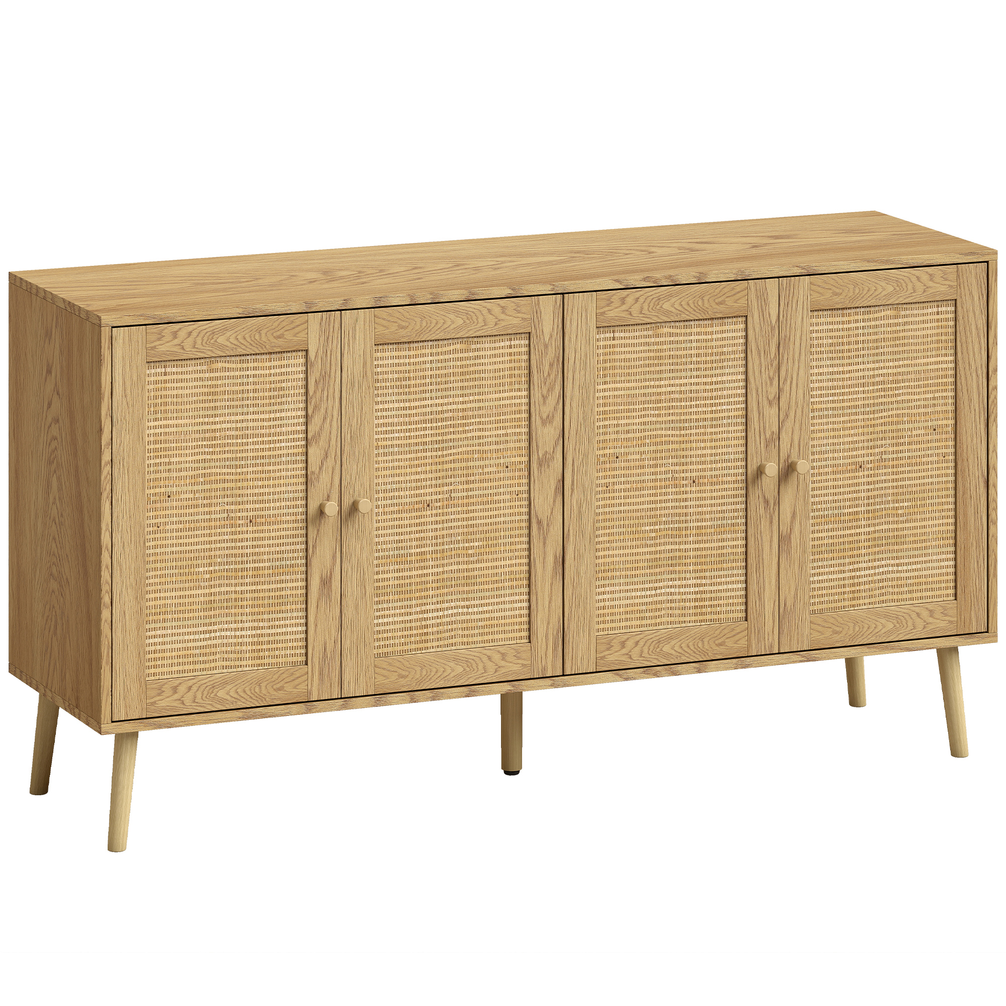 Rattan Sideboard mit 4 Türen, Boho Küchenbuffet mit 2 verstellbaren Einlegeböden, Holzoptik natur