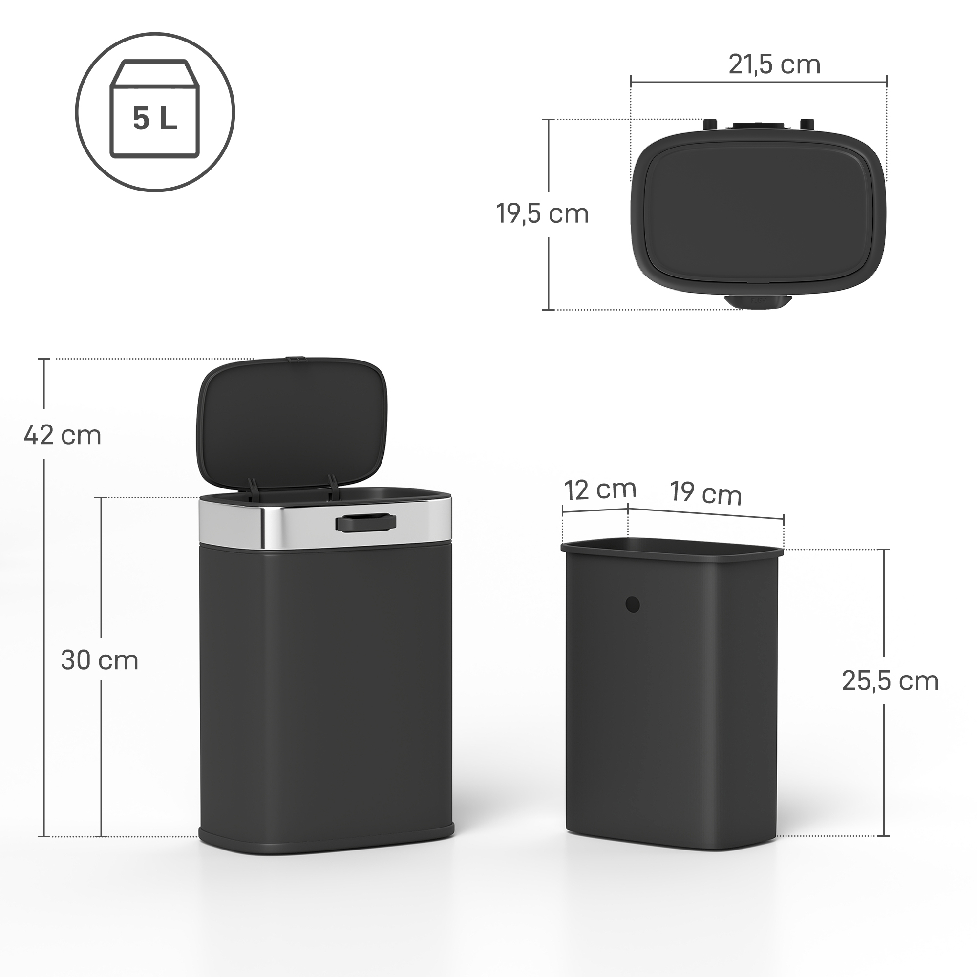 Mülleimer, Edelstahl Küchenmülleimer mit offen bleibendem Deckel, herausnehmbarer Inneneimer, 21,5x19,5x30 cm, Schwarz