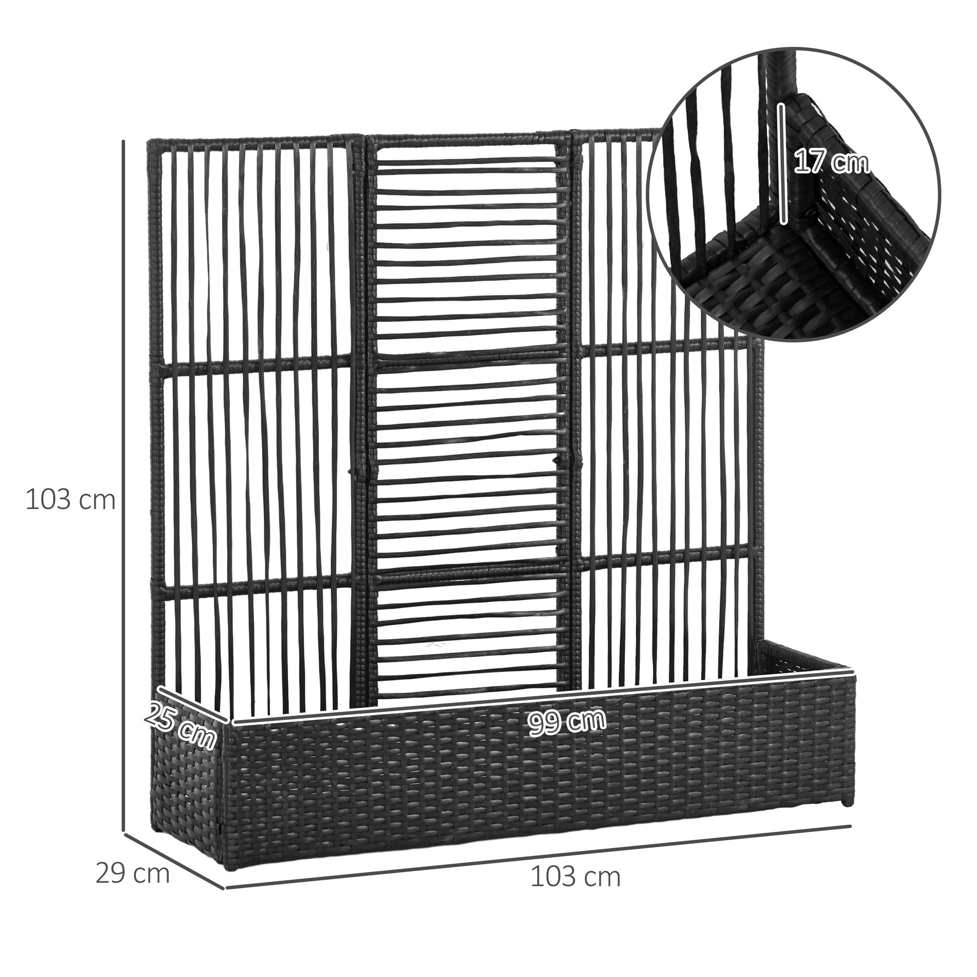 Blumenkasten mit Spalier, wetterfest, Polyrattan, 103 x 103 x 29 cm, Schwarz