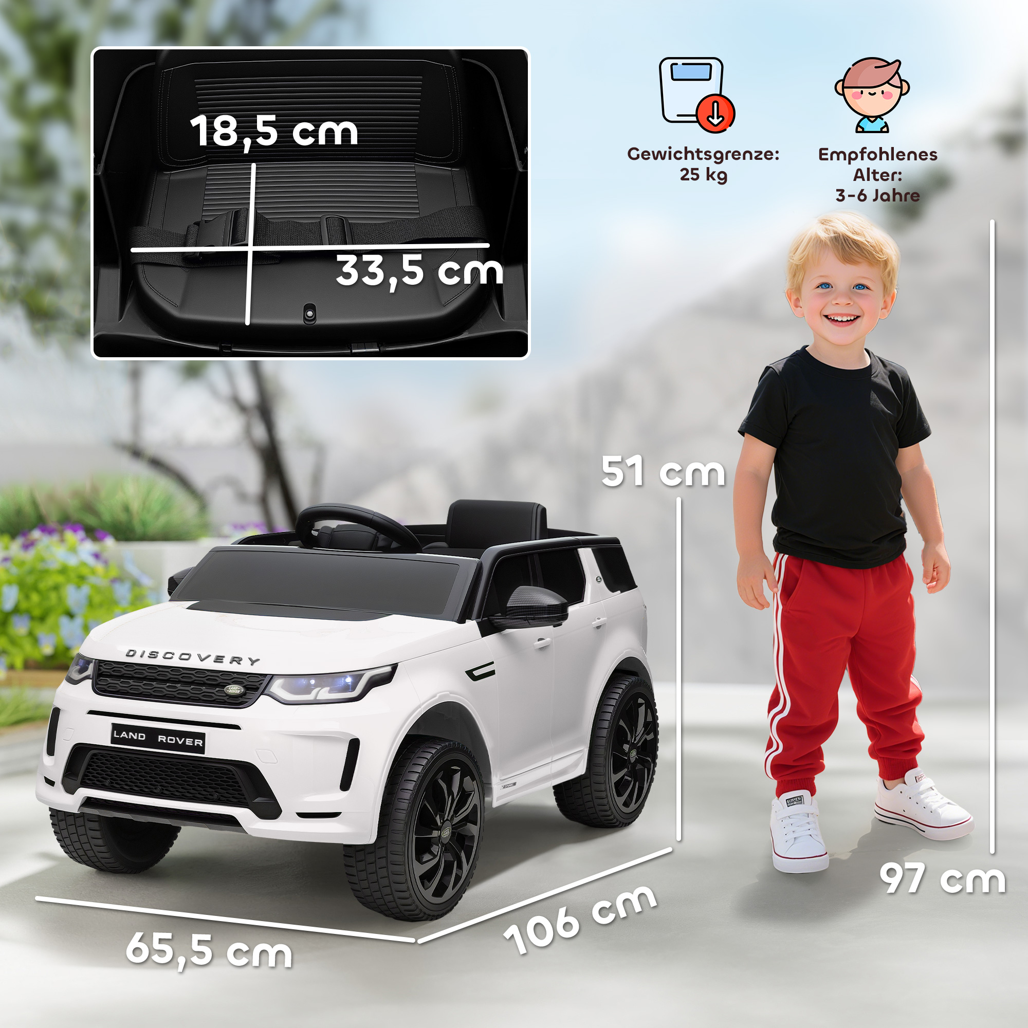 Kinder-Elektroauto, 12V Kinderfahrzeug mit Fernbedienung, LED-Lichtern, Musik und Hupe, 3-6 Jahre, Weiß
