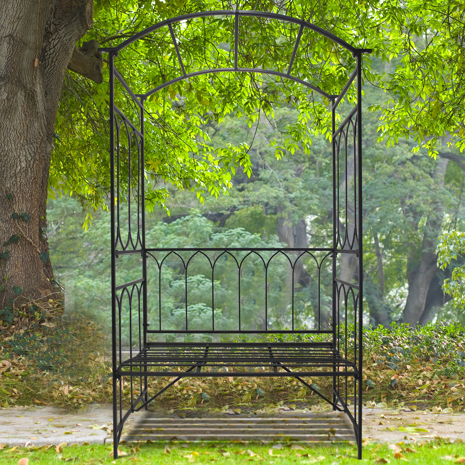 Rosenbogen mit Bank Rosenbank Laubenbank Philosophenbank Rankgitter Rankhilfe Gartenbank Metall Schwarz 115 x 50 x 203 cm