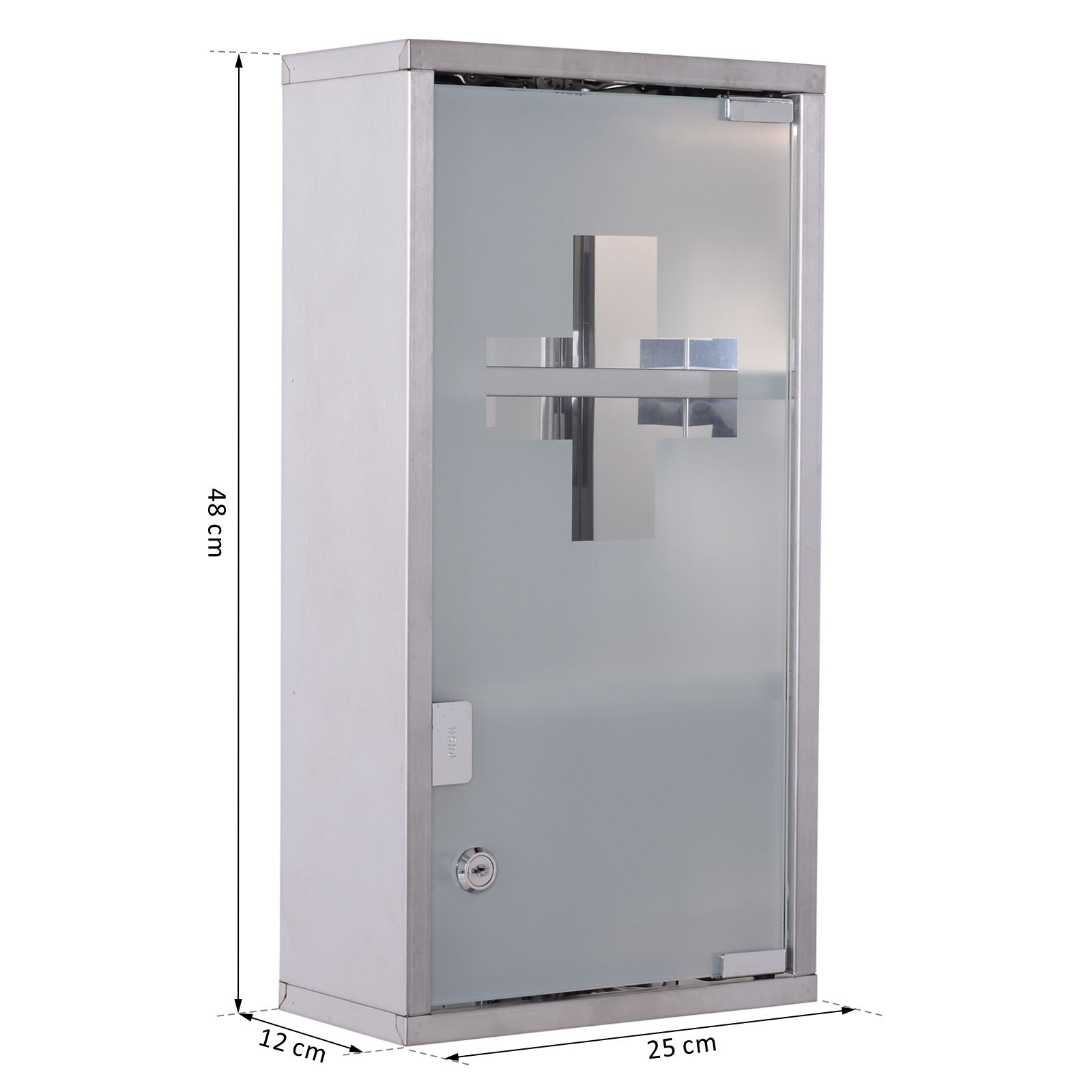 Medizinschrank aus Edelstahl Arzneischrank zur Medikamenten-Aufbewahrung, Abschließbar Medikamentenschrank mit 3 Fächer, Glastür 25 x 12 x 48 cm, Silber