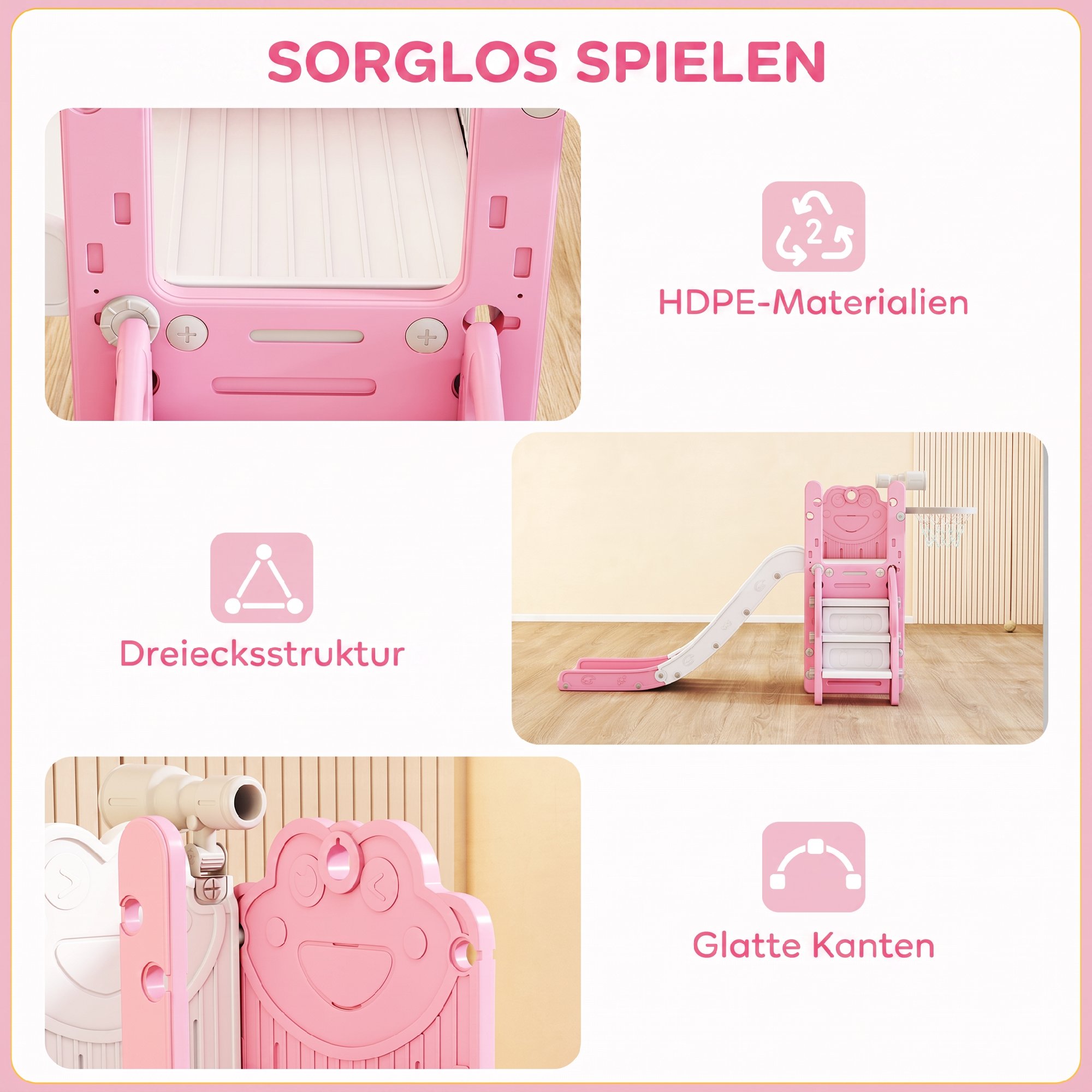 5-in-1 Kinderrutschenset, Teleskop, Basketballkorb, HDPE, Kunststoff, Rosa+Weiß
