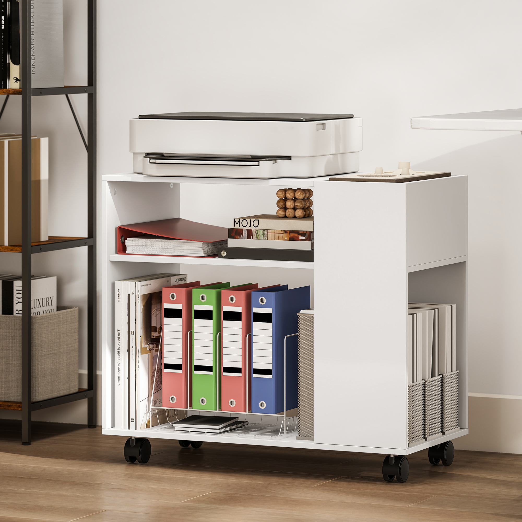 Druckerständer Druckertisch mit Unterteiltem Fach, Ablageflächen für Büro 70 x 34 x 60 cm Weiß