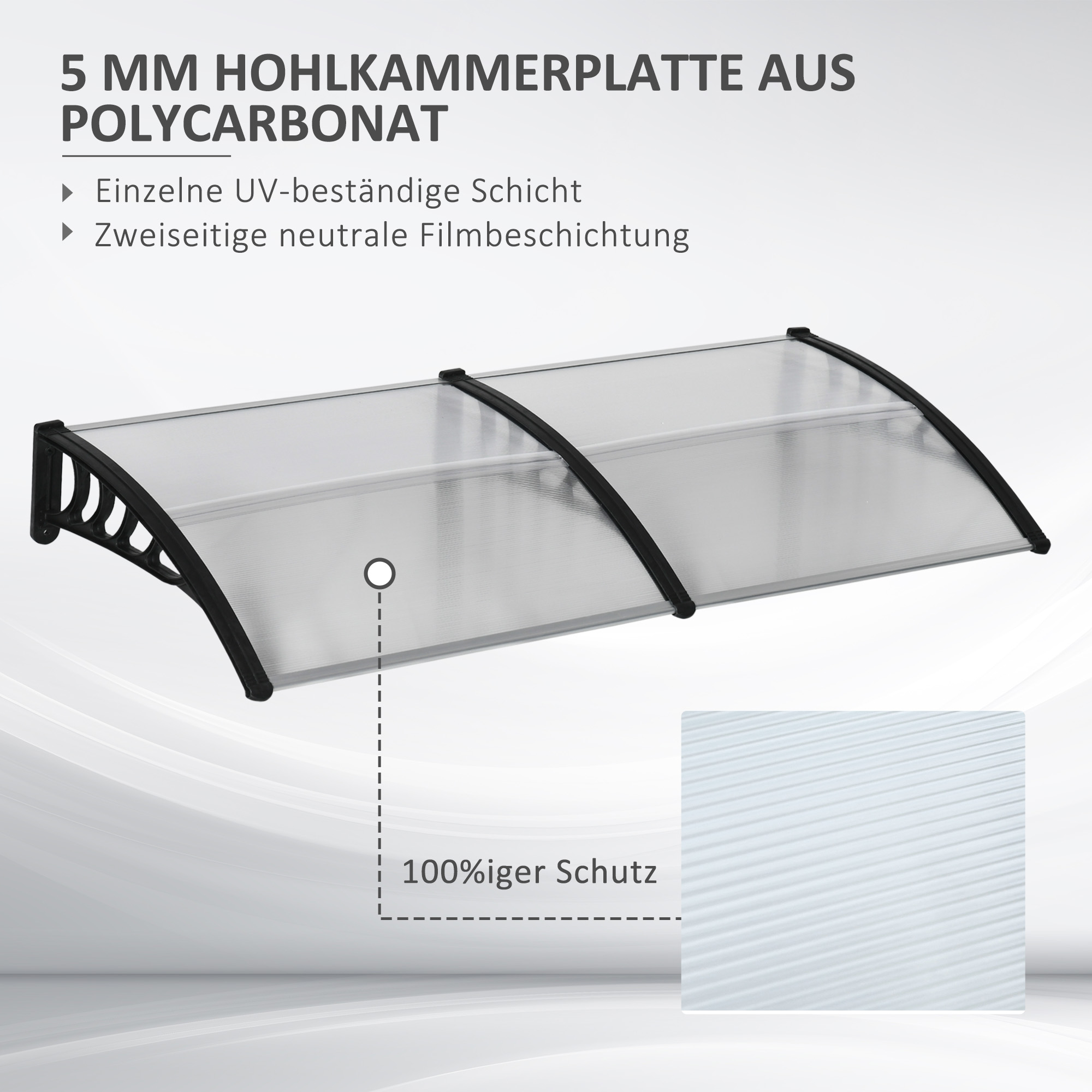 Türüberdachung, Schutz vor Regen, Wind und Hagel, Polycarbonat, Aluminium-Verbindungstangen, 200 x 96 x 27 cm, Schwarz