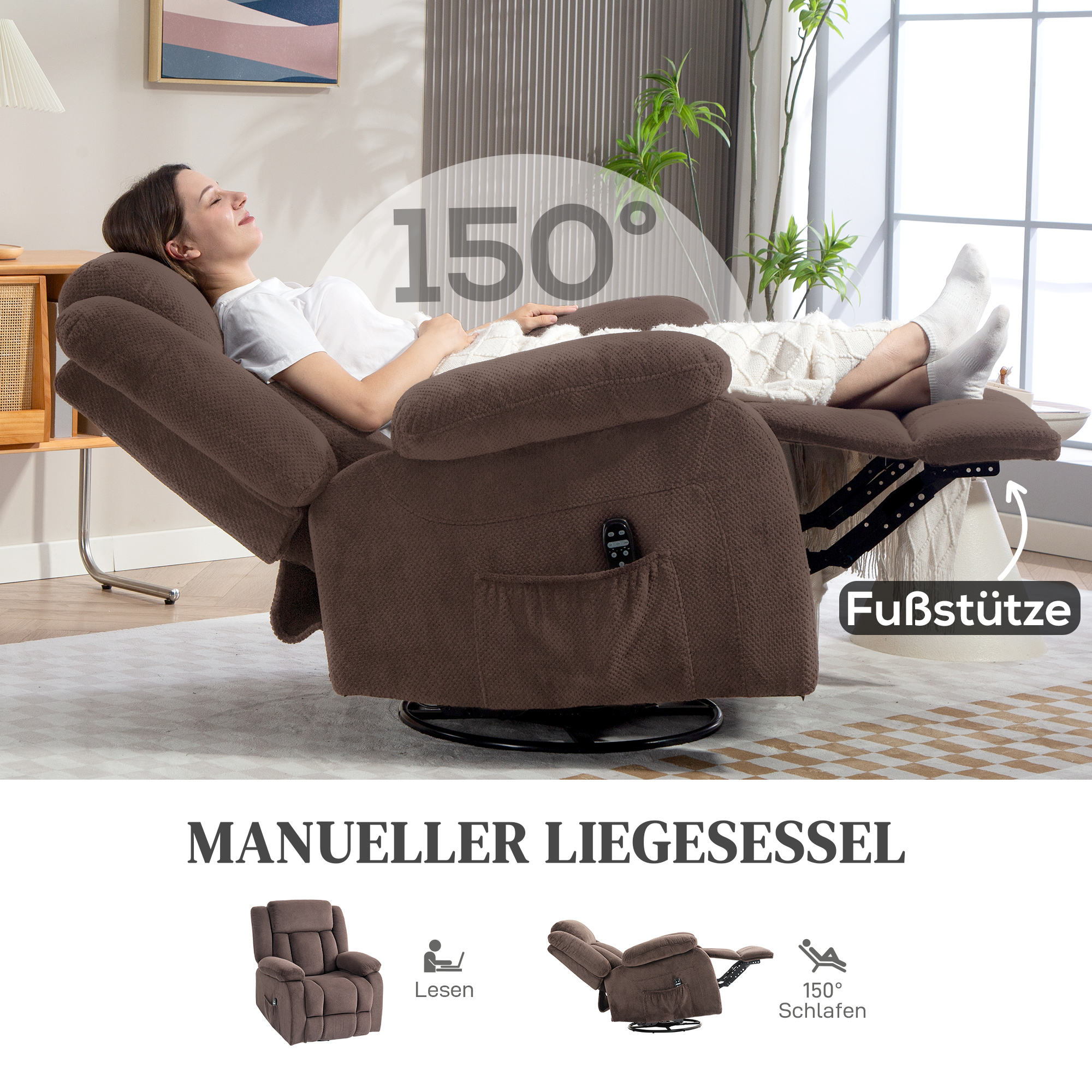 Massage-Sessel, 8 Vibrationspunkte, 5 Modi, Lendenheizung, verstellbar, drehbar, Polstersessel, Braun