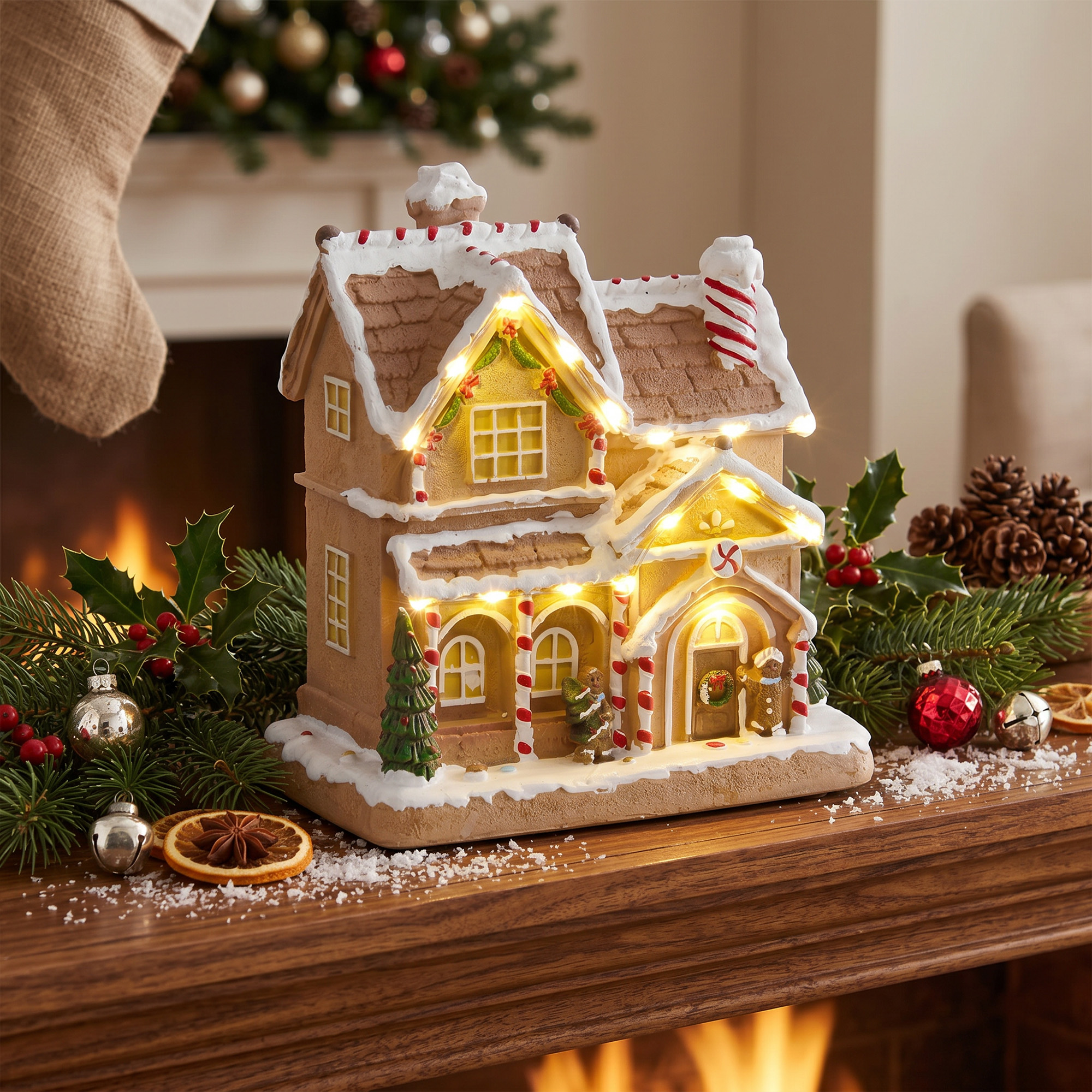 Lebkuchenhaus mit LED-Lichtern und Musik, Weihnachtshaus Winterlandschaft mit Lebkuchenmann, für Weihnachten, Braun