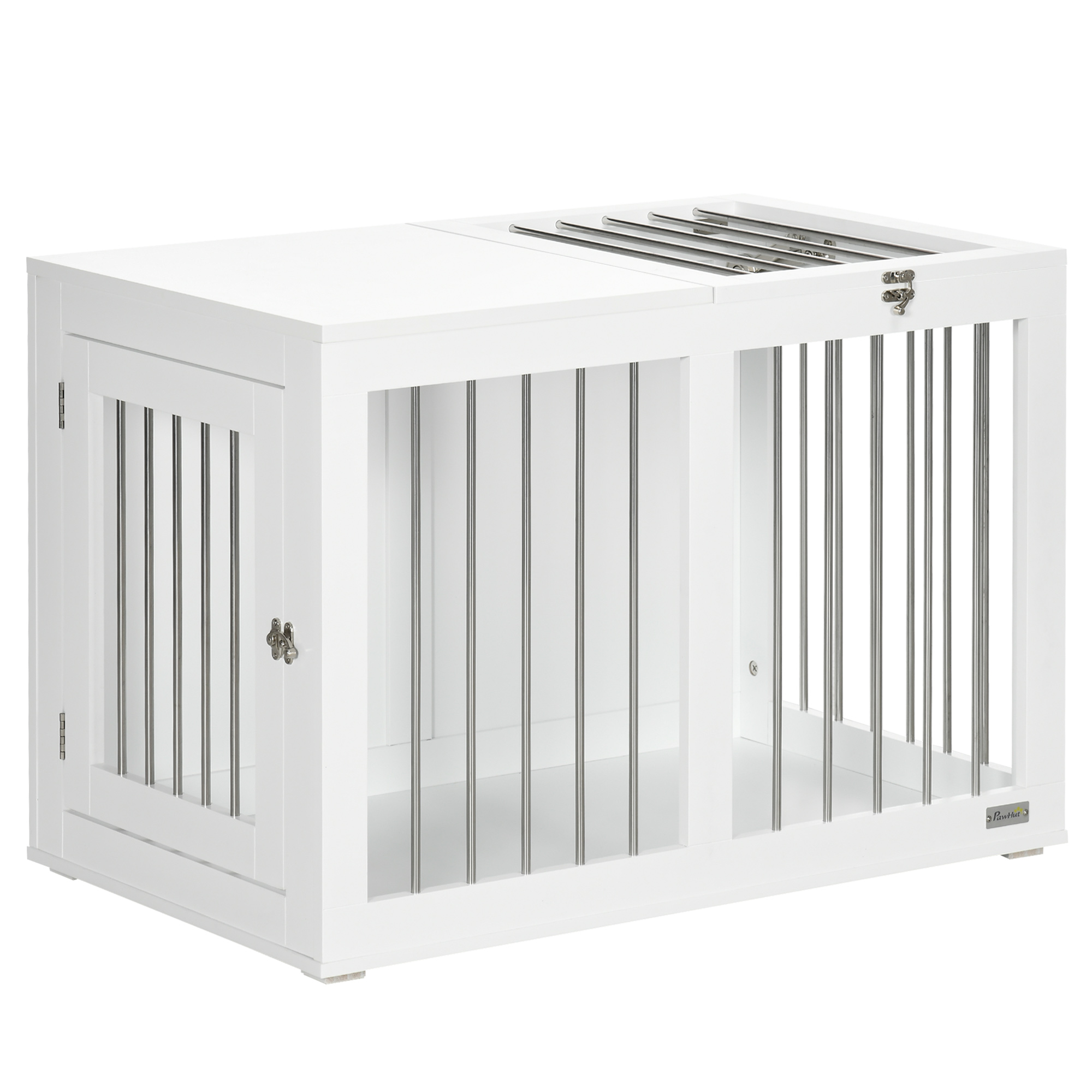 Hundekäfig mit 2 Türen, Hundebox, verriegelbar, Stahlgitter, 80 cm x 50 cm x 56,5 cm, Weiß + Silber