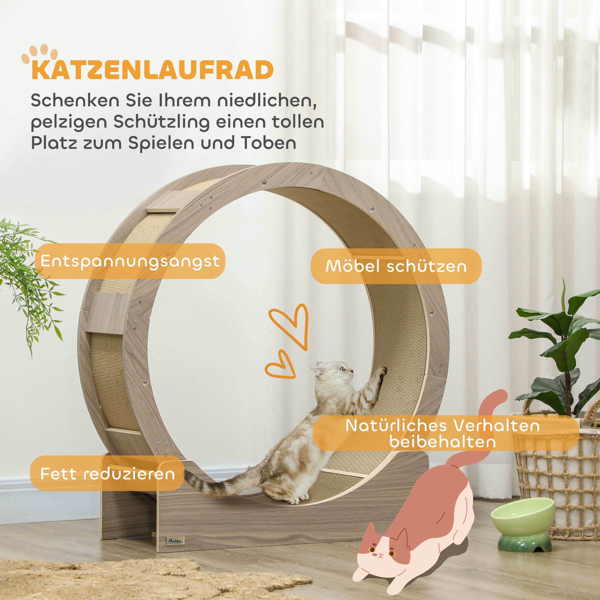 Katzenlaufrad, Laufrad für Katzen, 91 cm, mit Bremse, Kratzmatte, Katzenrad für gesunde Bewegung, Walnuss