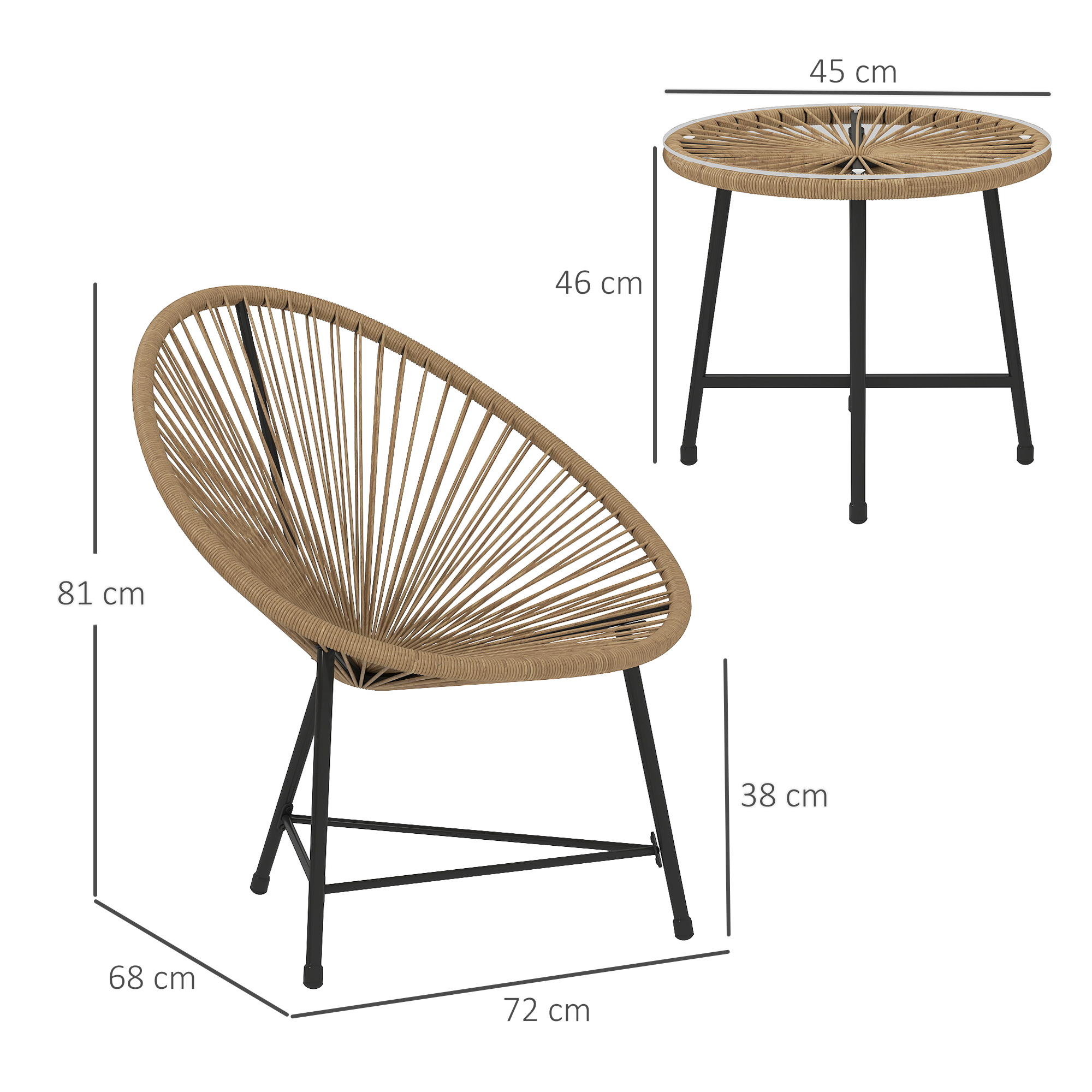 3-teiliges Gartenmöbel-Set, 2 Kunststoffrattan-Stühle, 1 Tisch mit Glasplatte, Stahlrahmen, Outdoor-Sitzmöbel, Hellbraun