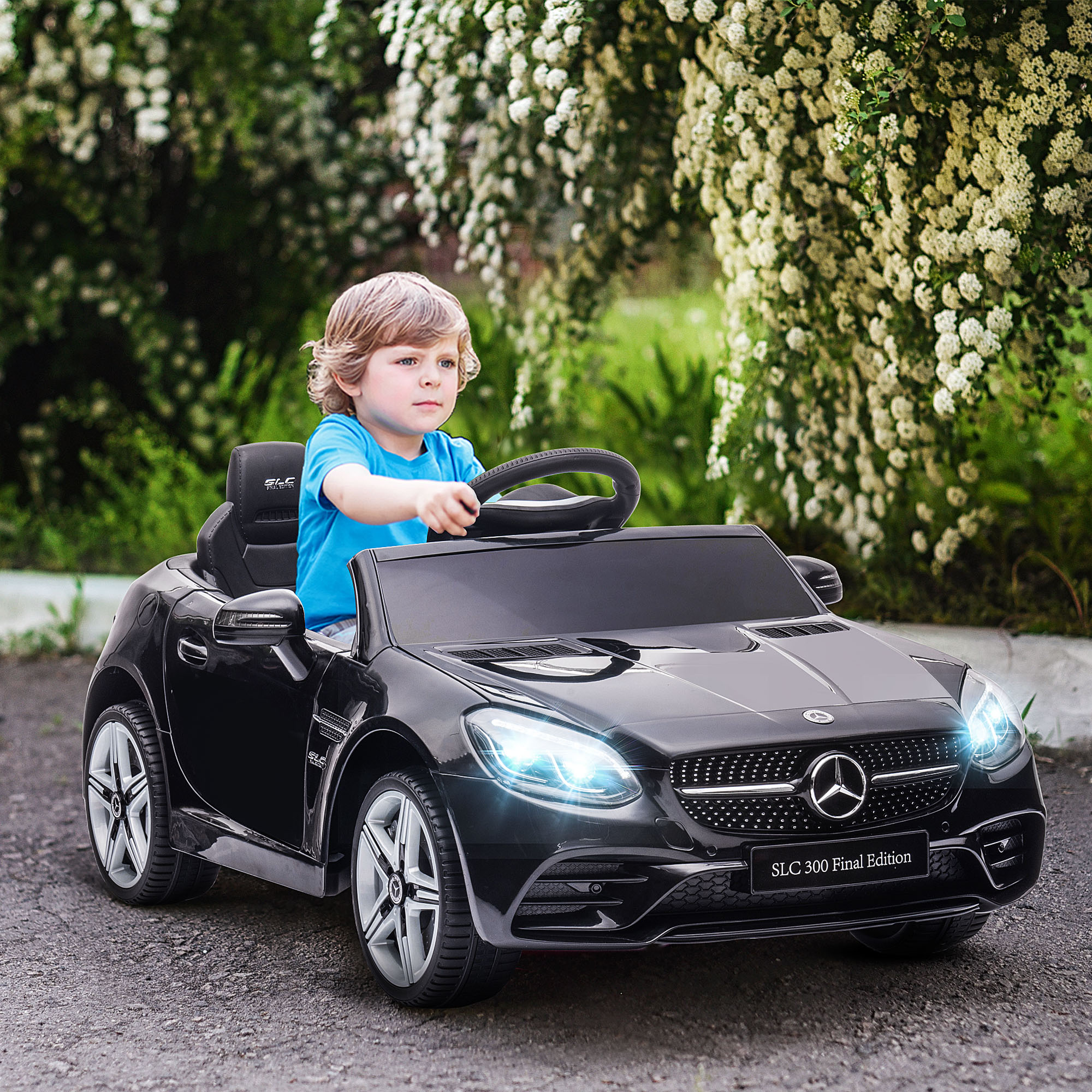 Kinder-Elektroauto, mit LED-Scheinwerfern, Sicherheitsgurt, Hupe, Musik, 3-5 km/h, schwarz, 107 x 62,5 x 44cm