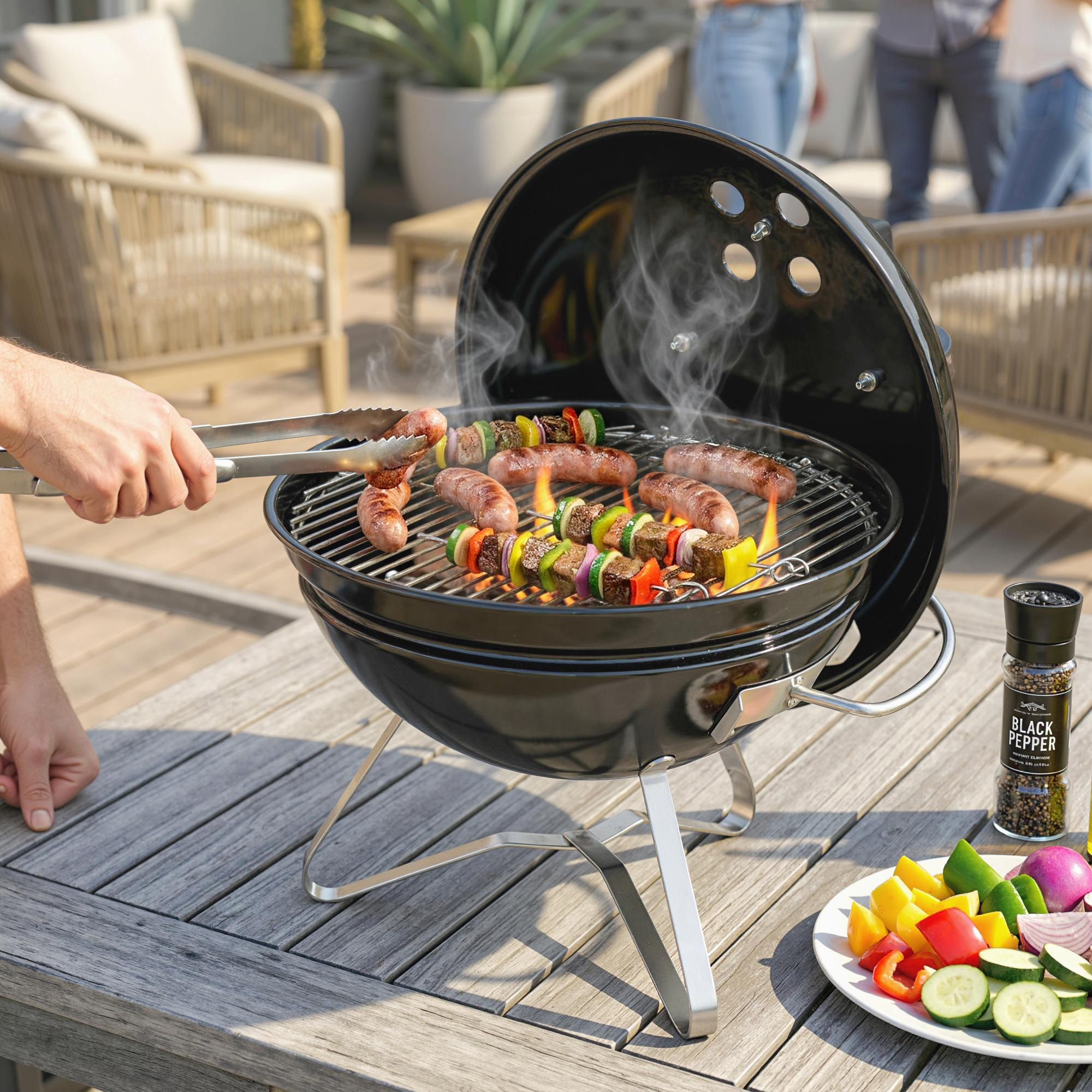 Holzkohlegrill, tragbarer Kugelgrill mit Deckel, Griff verstellbaren Lüftungsschlitzen für Barbeque 41x41x44 cm Schwarz