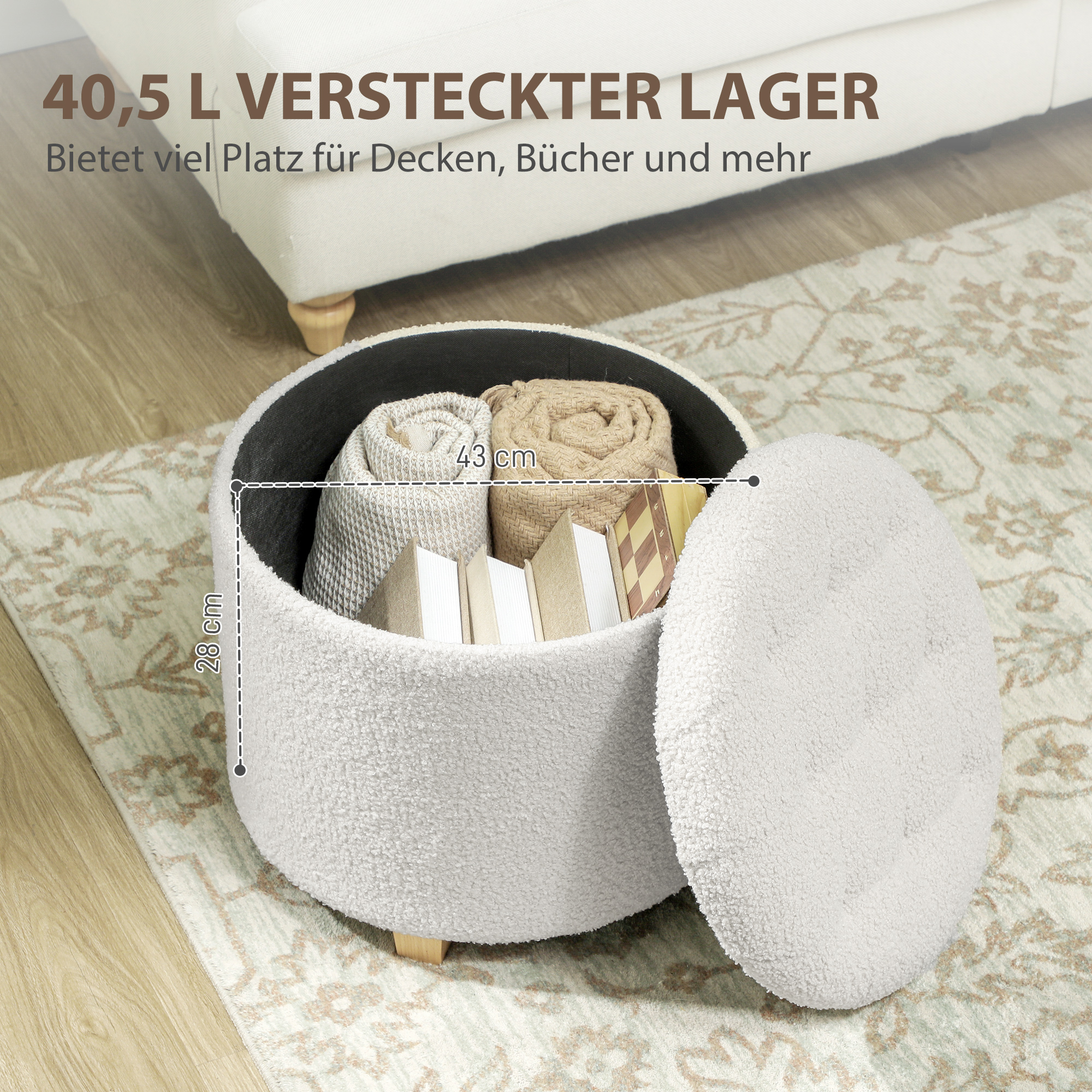 Sitzhocker mit Stauraum, Hocker mit Deckel, runder Fußhocker, Aufbewahrungsbox, mit Holzbeinen, Weiß